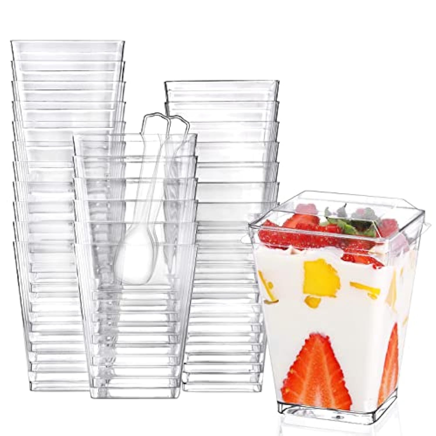 Merin 50 Pack Plastic Dessert Cups, Square Clear Plastic Tumbler Cups with Lids and Spoons, BPA Free, 5 Oz Capacity, Modern Style