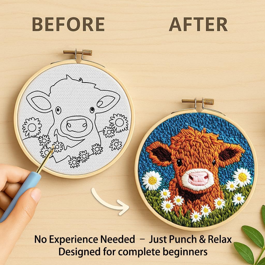 Minlend DIY Punch Needle Kit for Beginners – Highland Cow & Daisies Embroidery Kit with Hoop – Easy Needlework Craft Set for Adults – Festival Gift & Home Decoration (20x20cm)