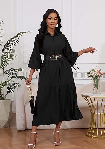 Miniatura 4 de Vestido maxi camisero de manga larga para mujer, elegante vestido de fiesta suelto con botones