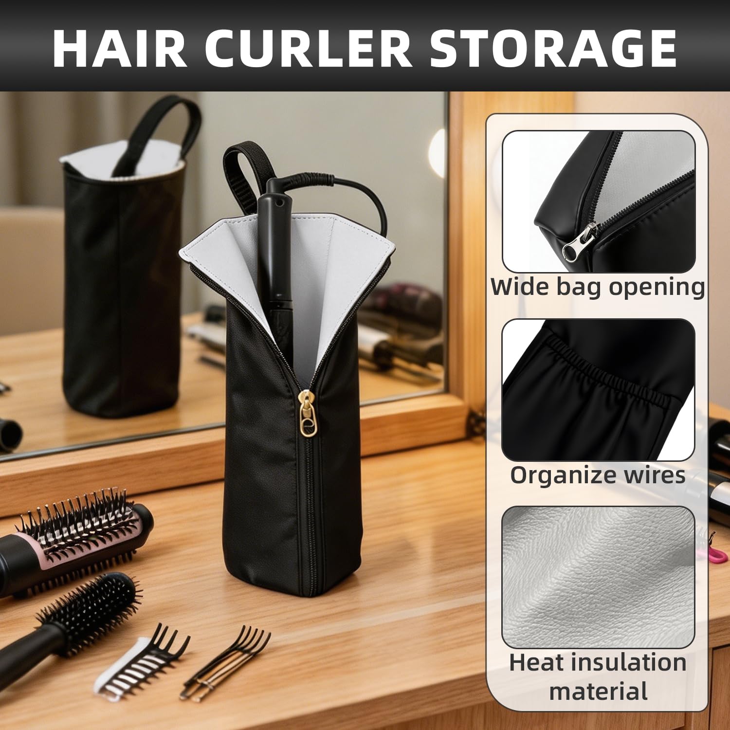 Funda Plancha Pelo Funda Airstrait,Estuche Airstrait con Forro Antiquemadura Adecuado para Tenacillas, Planchas y Otros Utensilios de Peinado,Colgable A Prueba de Agua,Negro