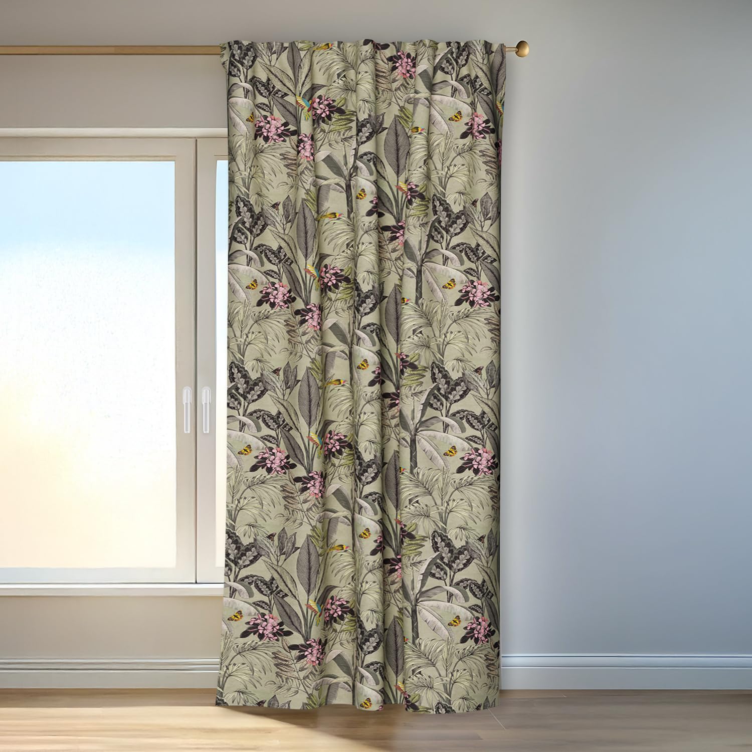 Homing Vorhang florales Dschungelmuster grün (1 Stück) | Blickdicht Blüten Kolibri modern | Wohnzimmer Schlafzimmer Kinderzimmer | 140 x 245 cm