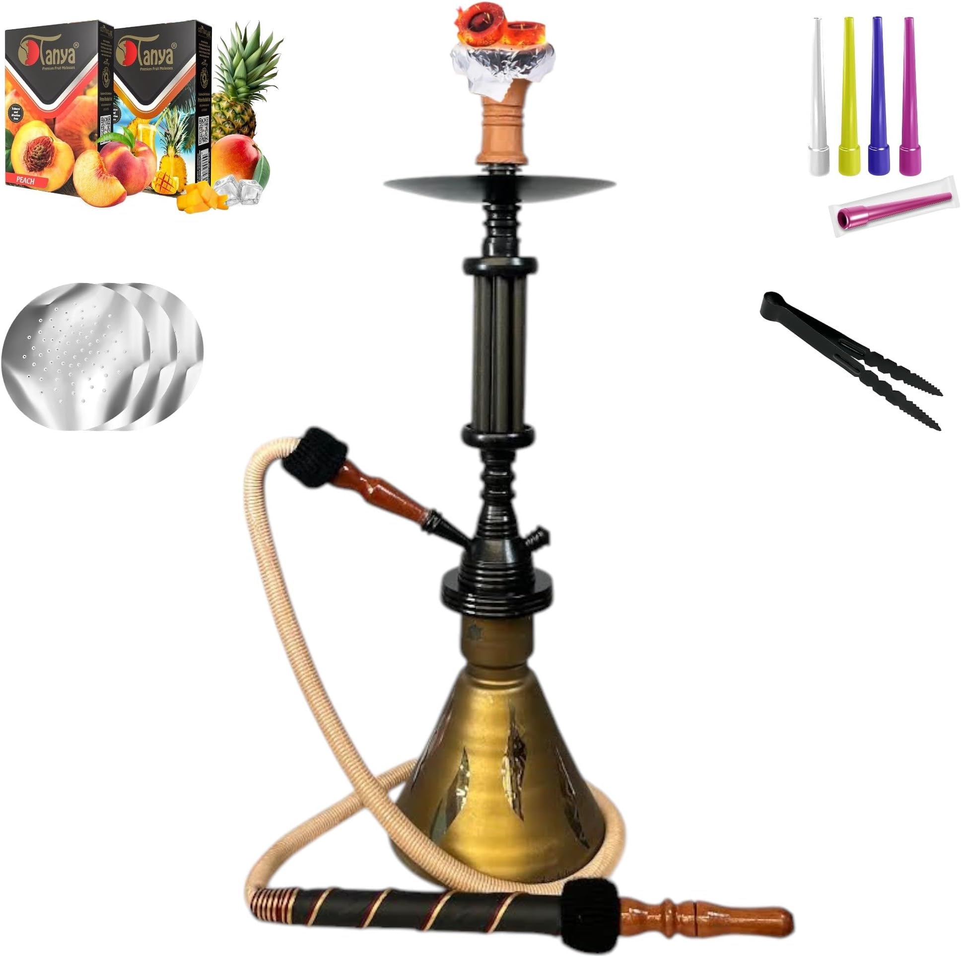 George 24" Portable Single Hose Premium Shisha Set, Sturdy Glass Vase & Metal Stem with Accessories Ceramic Bowl and Coal Tongs Ashtray Herbal Flavors (Gold)