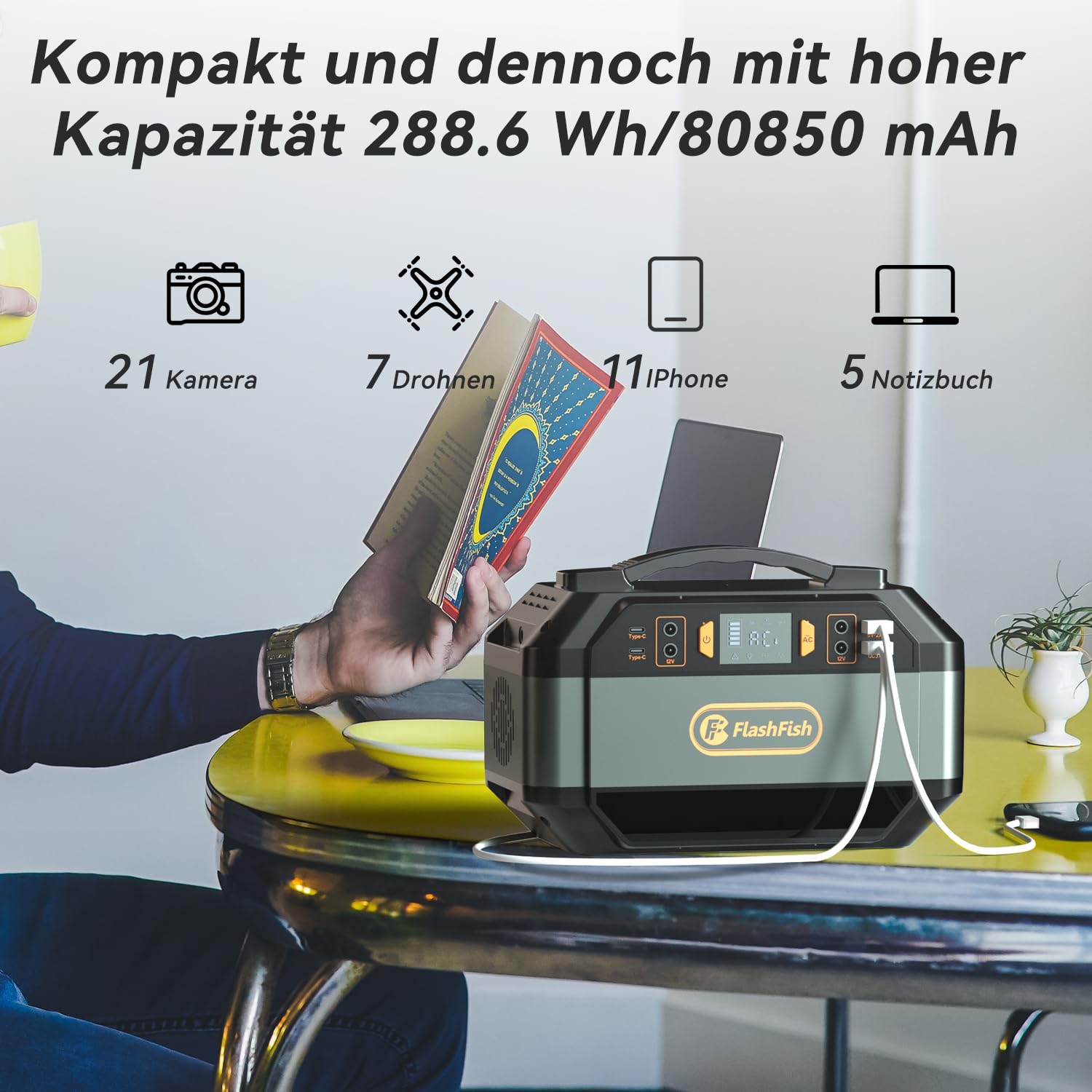 FlashFish - Stazione di alimentazione da 288,6 Wh con pannello solare, 100