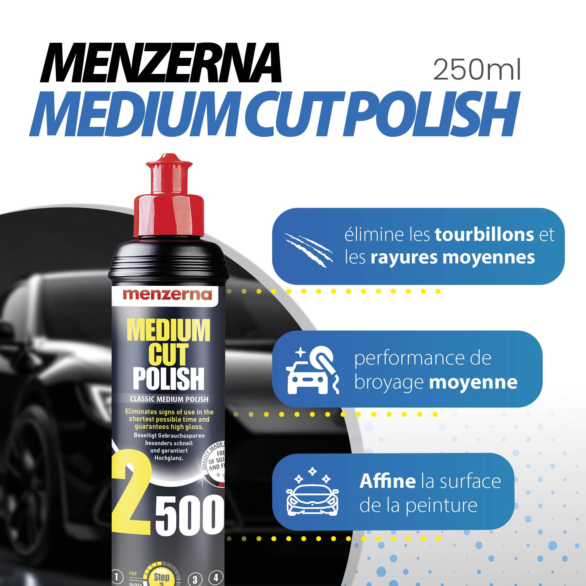 Menzerna Kit de Polissage pour Voiture : Menzerna Heavy Cut Compound 1000 + Medium Cut Compound 2500 + Super Finish Plus 3800 + Power Lock Sachet 20ml + 4X Chiffon Microfibre 40x40cm - 4