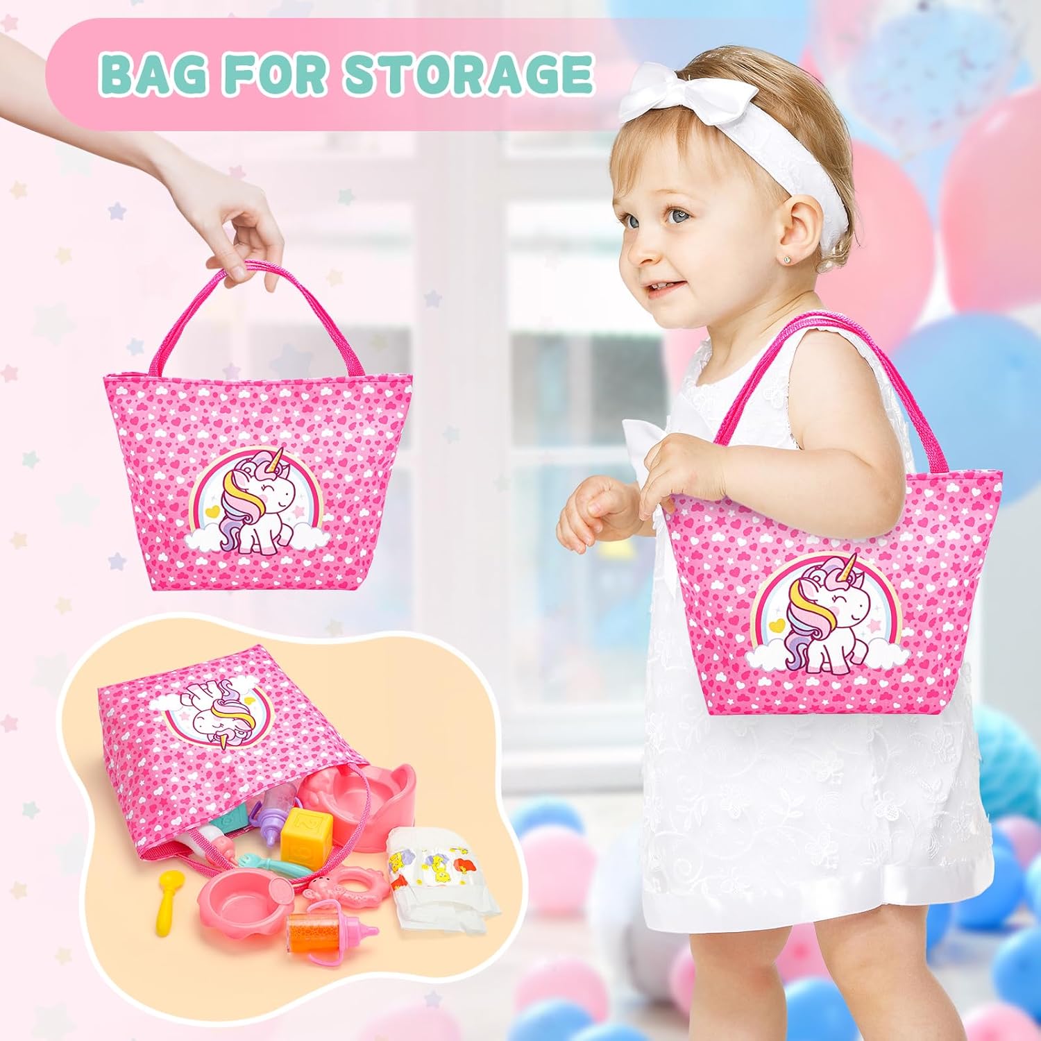 deAO Baby Doll Playset Baby Doll Crib Bed Set Adjustable 2 in 1 Baby High Chair and Rocking Bed, Baby Doll Accessories with 13 Inch Dolls, Feeding Pretend Play Toy Gift for Toddler 3+ Years Old
