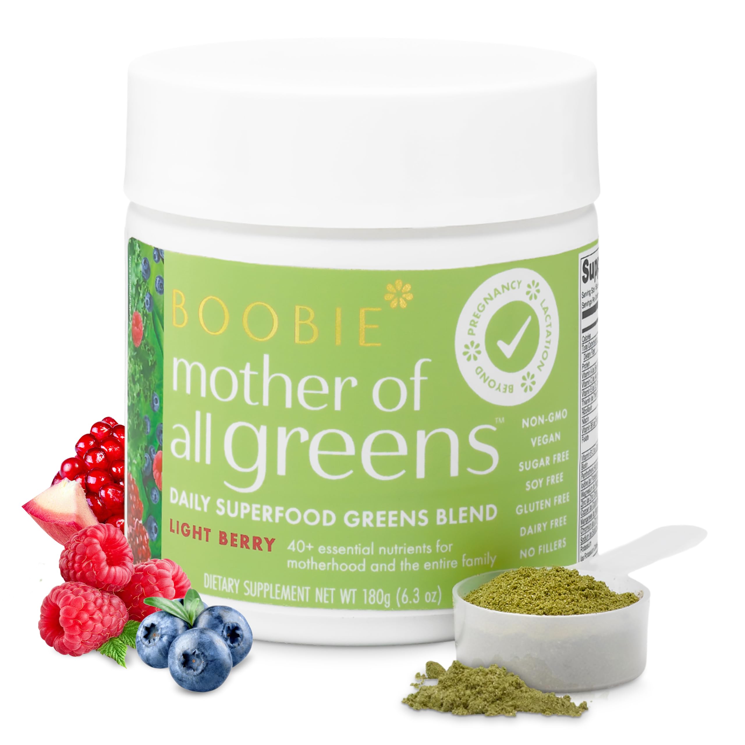 Boobie Mother of All Greens | Your New Family Ritual, Daily Super Greens Powder with 40+ Essential Nutrients for Moms & Families | Vegan, Gluten Free, & Sugar Free | Light Berry Flavor, 30 svgs