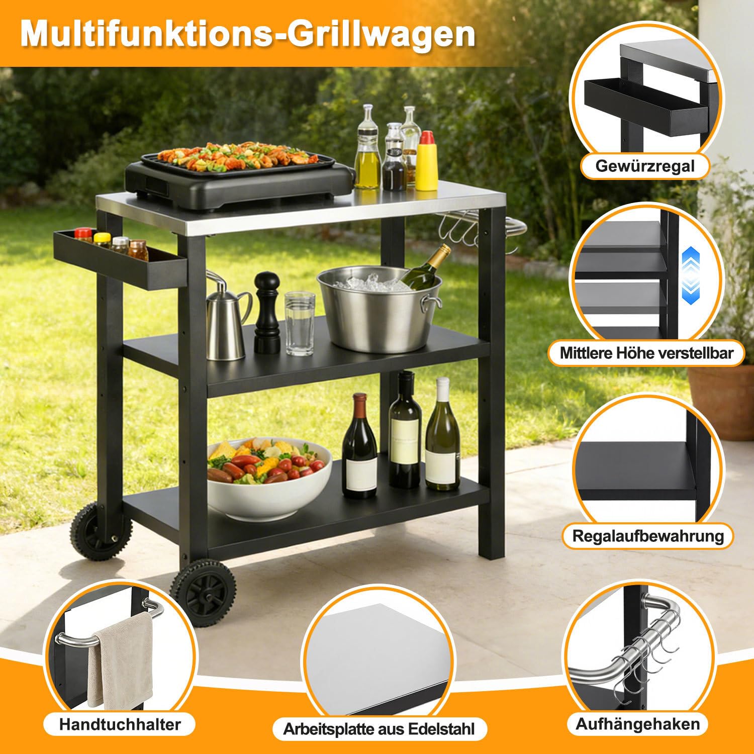 Carro de barbacoa regulable en altura, mesa de barbacoa con 3 estantes, 6 ganchos, asa y estante para especias, carrito de cocina al aire libre con ruedas, mesa de acero inoxidable para jardín