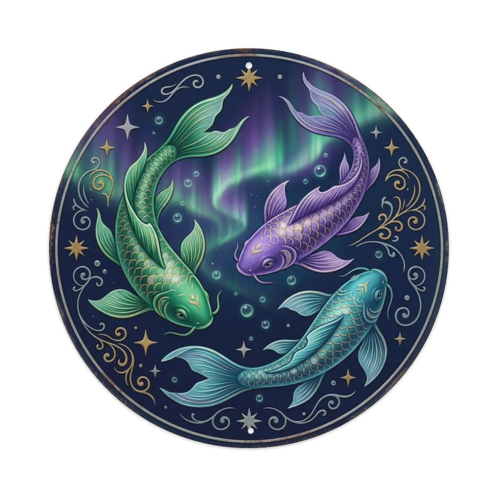 Aurora Borealis Nordic Studio Fish Koi Fish Metal Tin Sign Plaque Wall Decor for Cafe, Club Bar, Office, Home Garden Round Metal Poster 8x8Inch