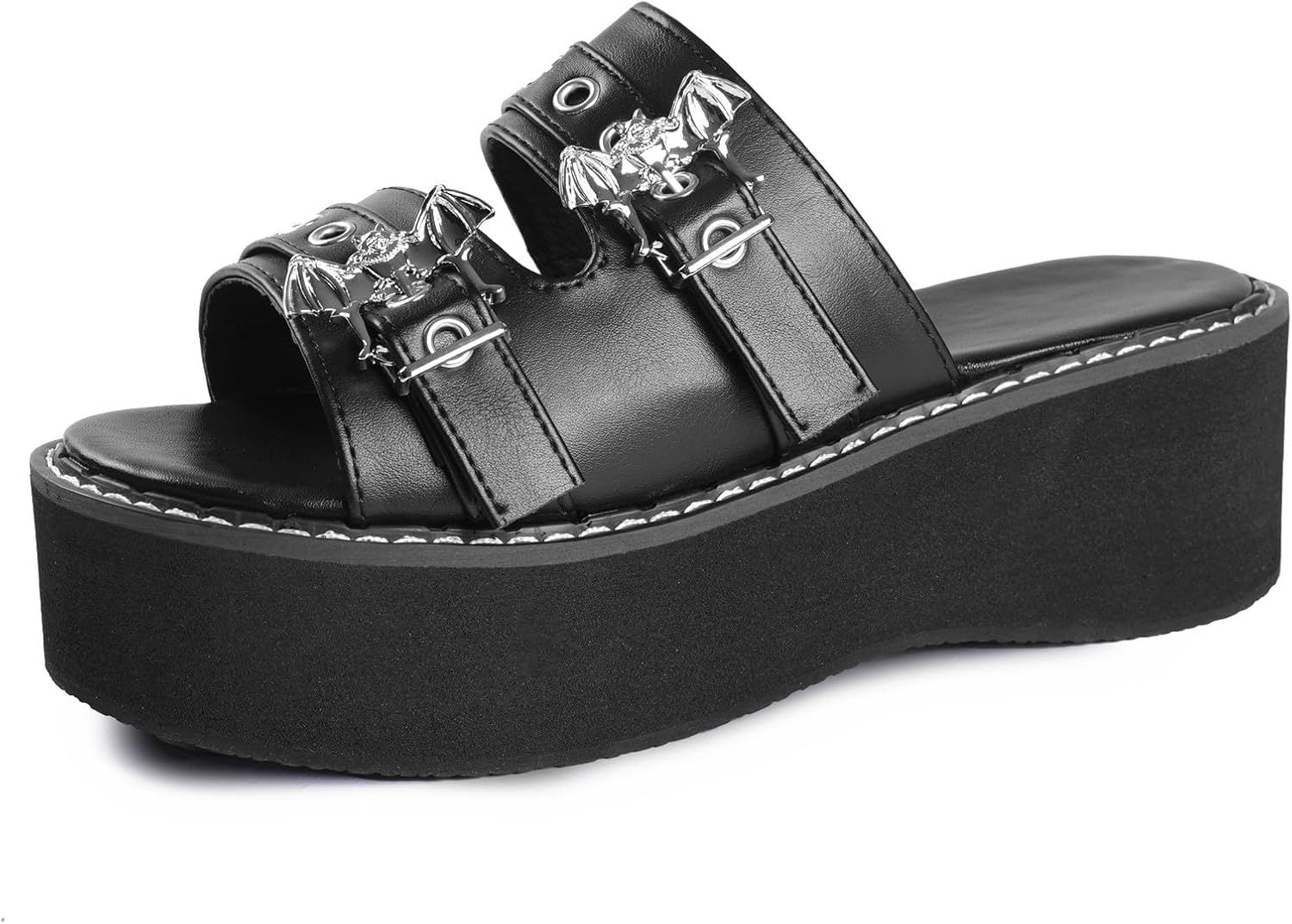 Gothniero women black platform sandals goth chunky wedge heel summer sandals girls gothic punk platform sandals for women metallic spider buckles slides size 5.5-11