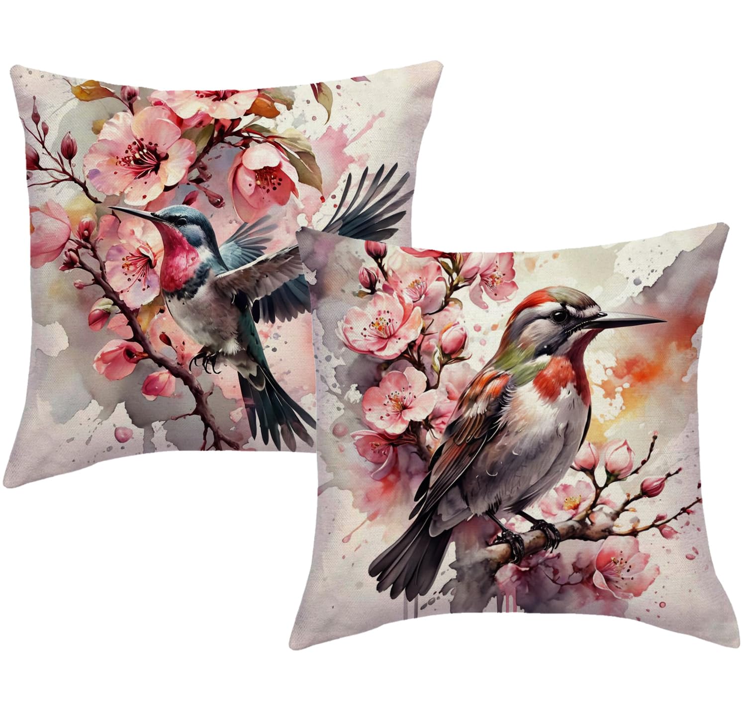 Birds Throw Pillow Covers with Cherry Blossom 18 x 18 Inch Nature Theme Cushion Covers Watercolor Art Home Decor Pillow Cases 2Pack for Sofa Couch