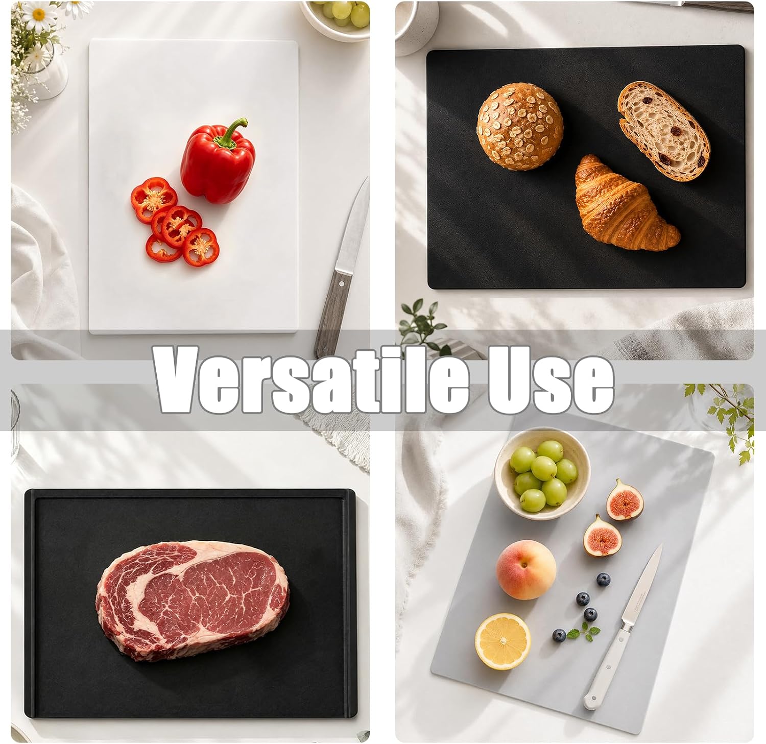 Fotouzy Plastic Cutting Board Flexible TPU Cutting Mat Set of 4 for Kitchen | Thick Plastic Cutting Board and 3 TPU Cutting Mats, Nonlsip, Dishwasher Safe, Non-Toxic, Neutral Colors, Multi Sizes