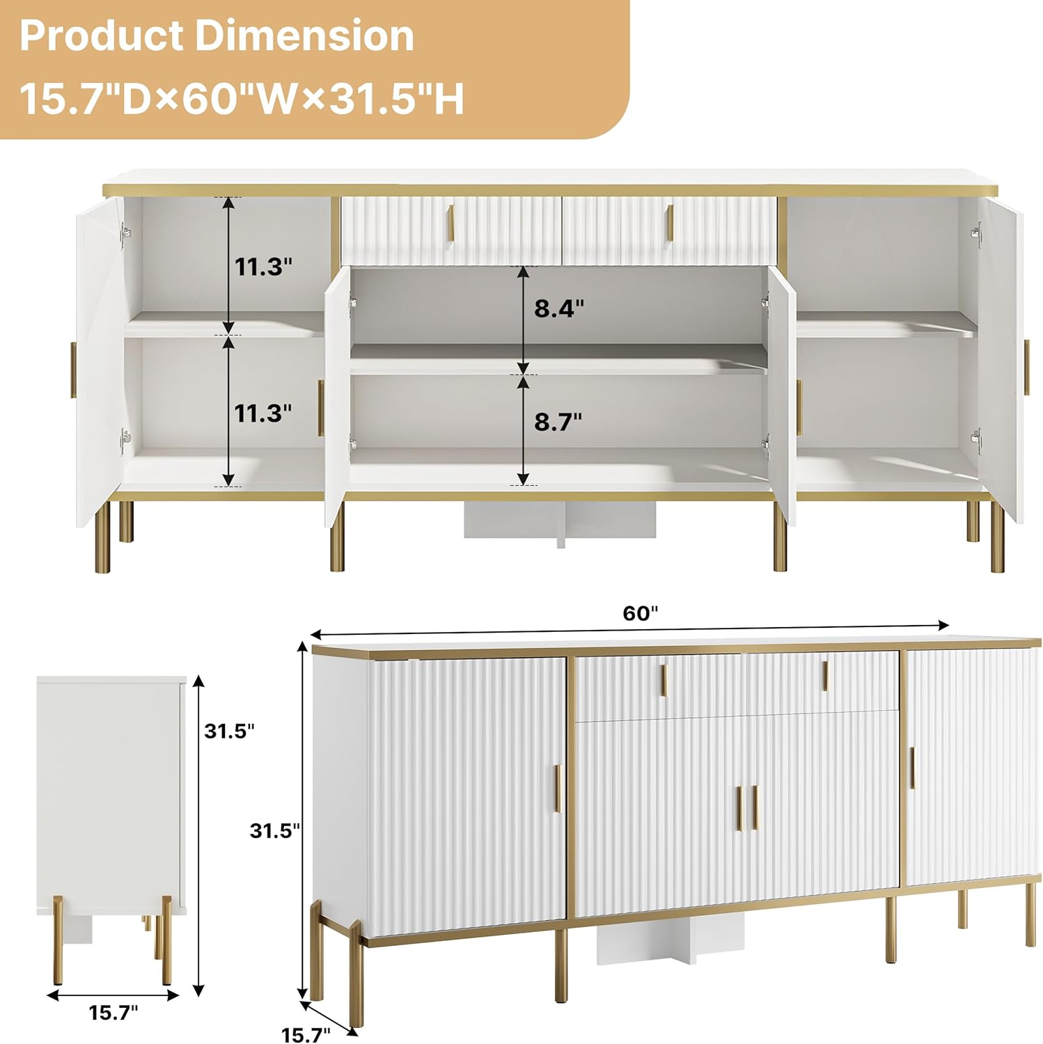 oneinmil 60" Fluted Sideboard Buffet Cabinet, Modern Buffets & Sideboard with Adjustable Shelves, Accent Cabinet with Storage for Kitchen, Living Room, White