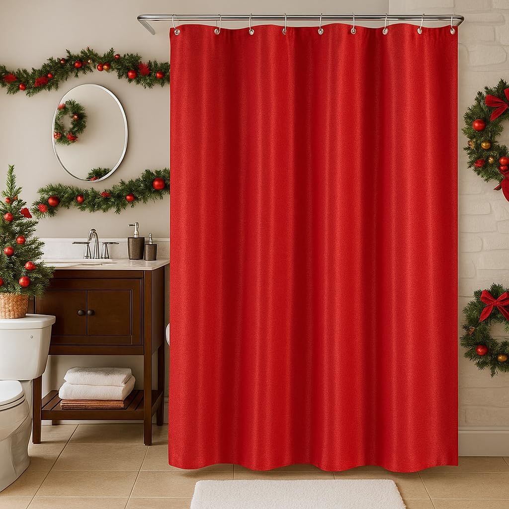 Serafina Home Christmas Holiday Decorative Luxury Red Fabric Shower Curtain for Bathroom: Shimmering Textured Jacquard Cloth, 12 Rollerball Hooks