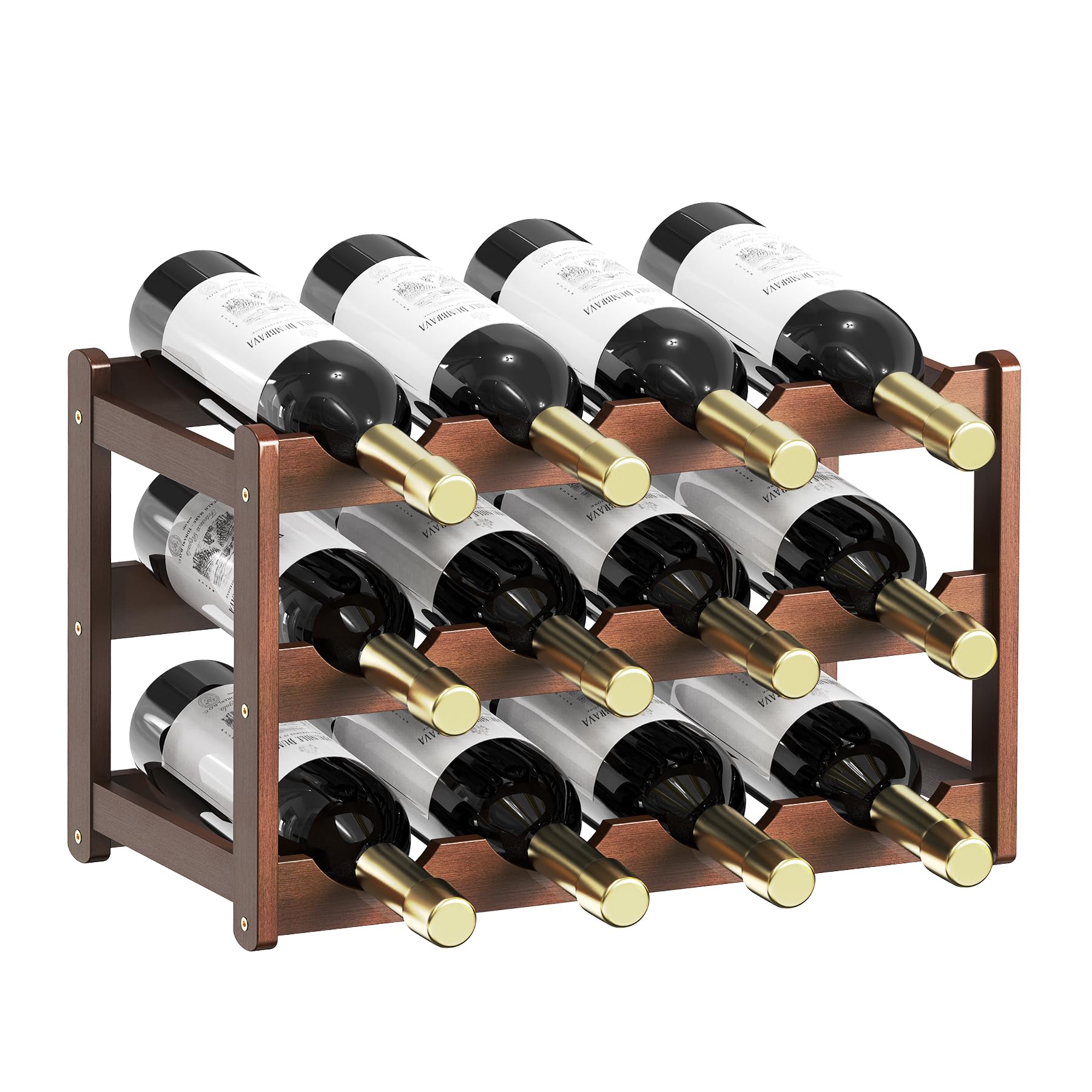 Botelleros para encimera, 3 pisos de 12 botellas de madera, bodega, cocina, enfriador de vino, bar, estante de almacenamiento de vino, 4 soportes para copas de vino (marrón) (CAWR-03)