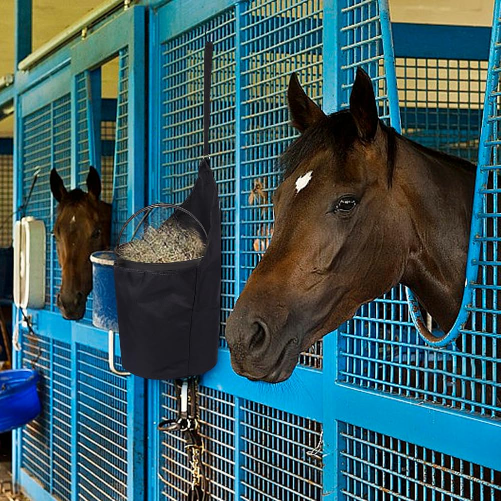 WEBEEDY 4 bolsas de alimentación para caballos, bolsa colgante para cubo de agua, organizador colgante de remolque de caballos con correa para uso estable de pastos de granero, suministros de