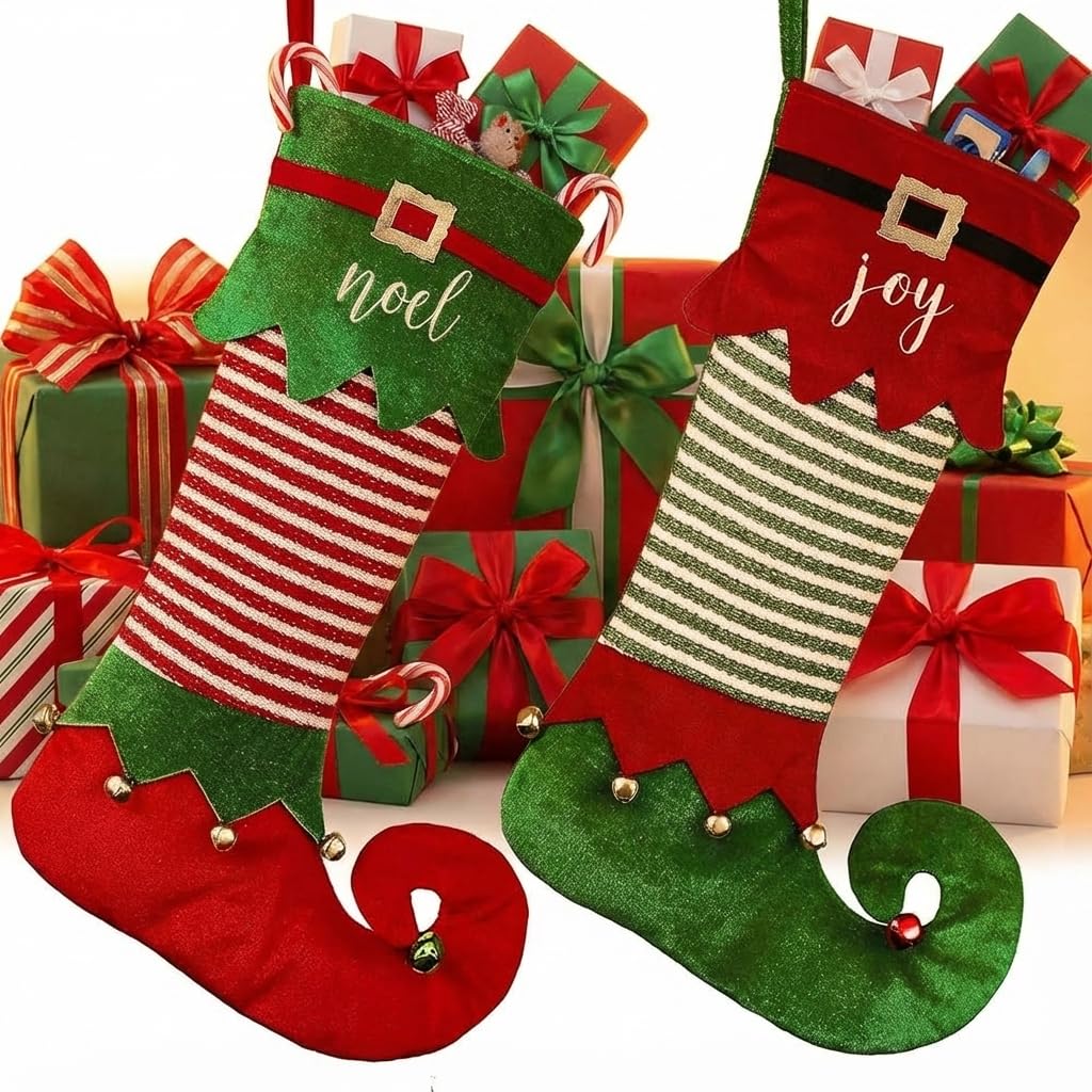 Valery Madelyn Lot de 2 chaussettes de Noël de 45,7 cm, motif lutin rouge et vert, en peluche exquise, décoration à suspendre pour cheminée, décoration de fête de Noël