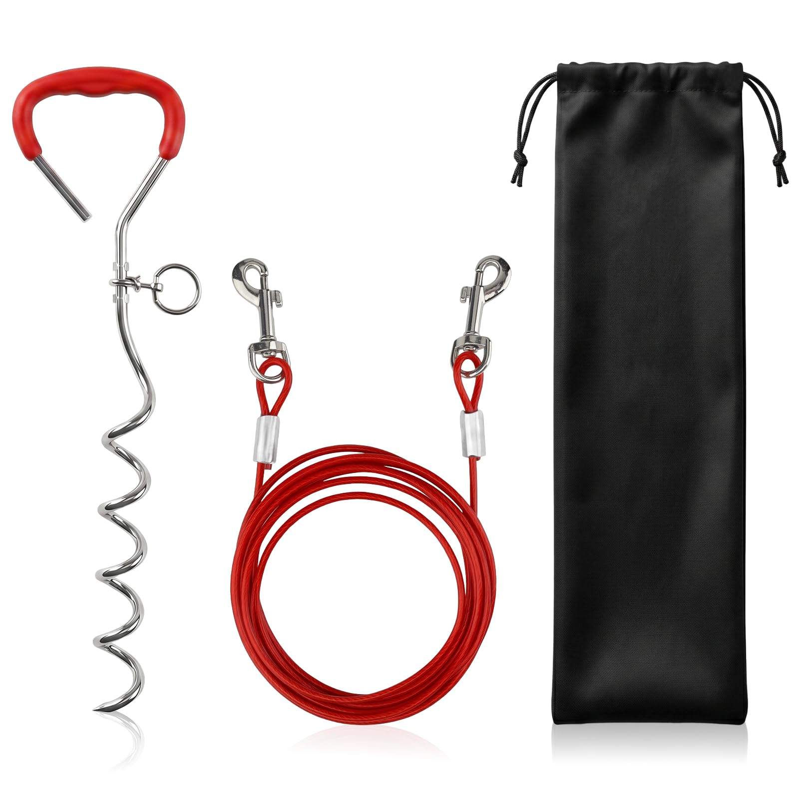 FICOFISE Dog Tie Out Cable and Stake, Heavy Duty Spiral Ground Stake, 10 ft Dog Tether for Puppy Pet and Medium Dogs, Sturdy Ground Anchor for Outdoor Yard and Camping(Red)