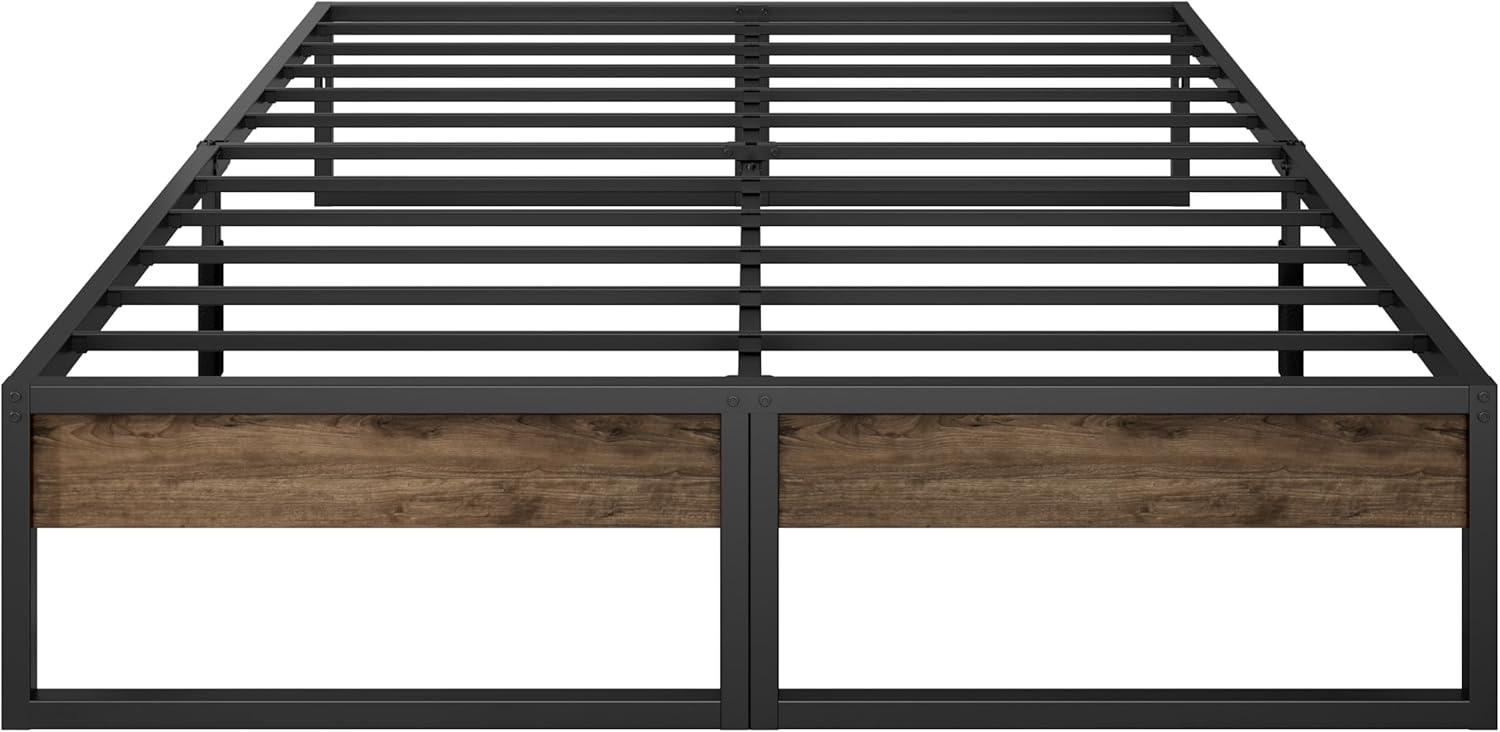 King Size Bed Frame, 14'' Metal Platform with Rustic Wood, 2000 lbs Capacity, Metal Bed Frame No Box Spring Needed with Ample Storage Space - Easy Assembly and Noise Free
