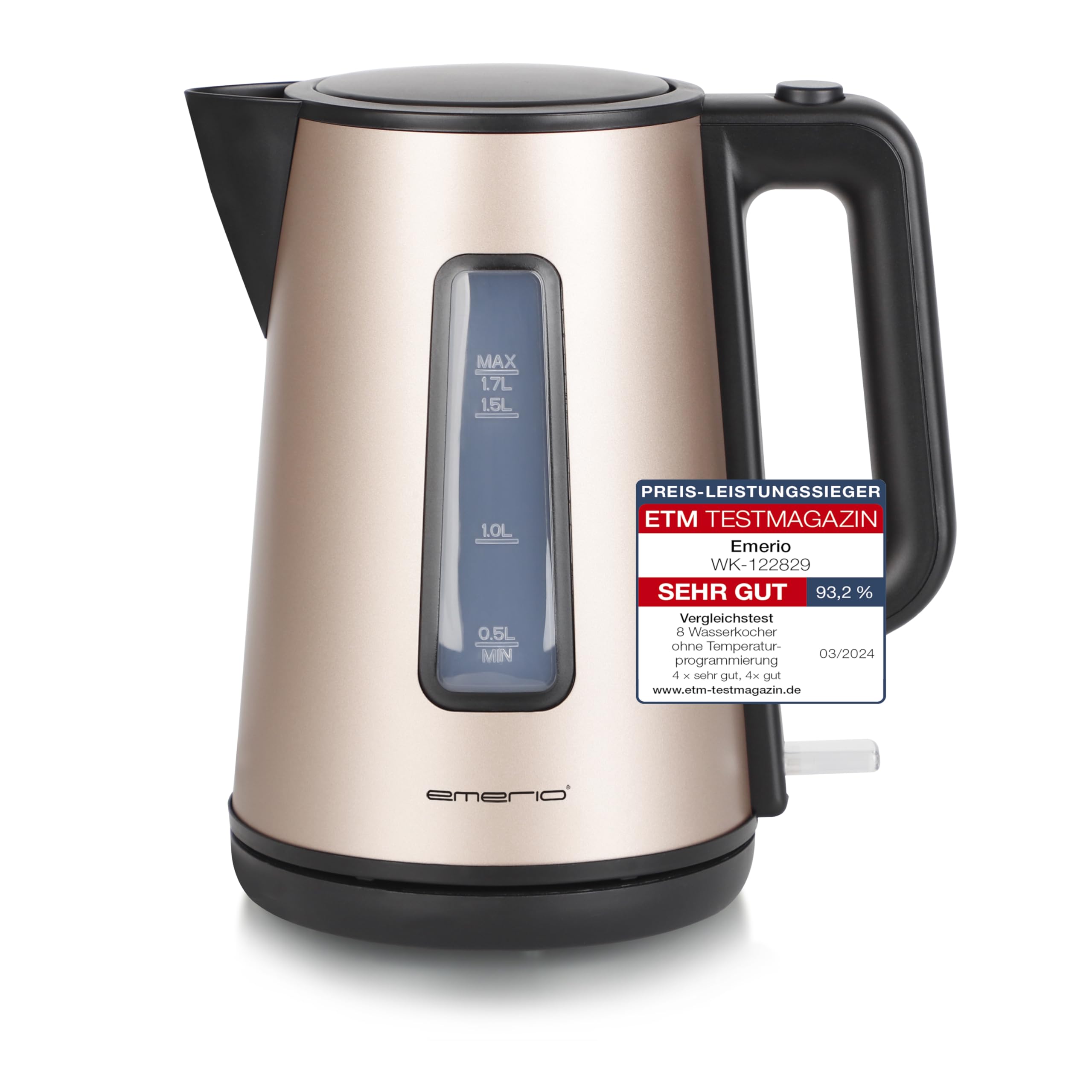 Bouilloire Emerio WK-122829.8 en satin de 1,7l et 2200W avec socle 360°