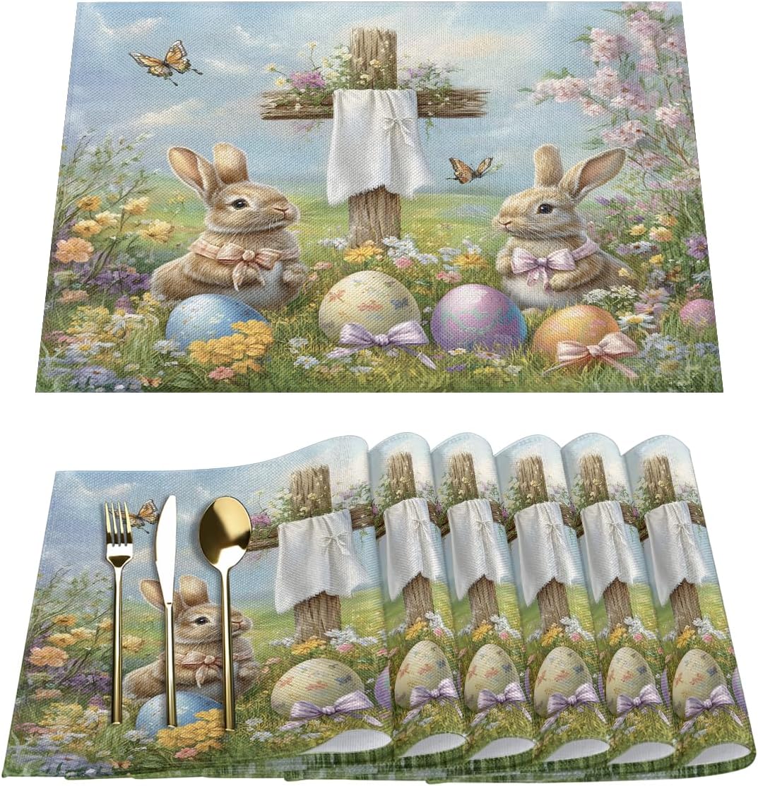 Placemats Set of 6, Easter Bunny Egg Cross Place Mats, Heat-Resistant Faux Linen Polyester Fabric Placemat, Wipeable Table Place Mats for Farmhouse Kitchen Dining Table 12x18 in