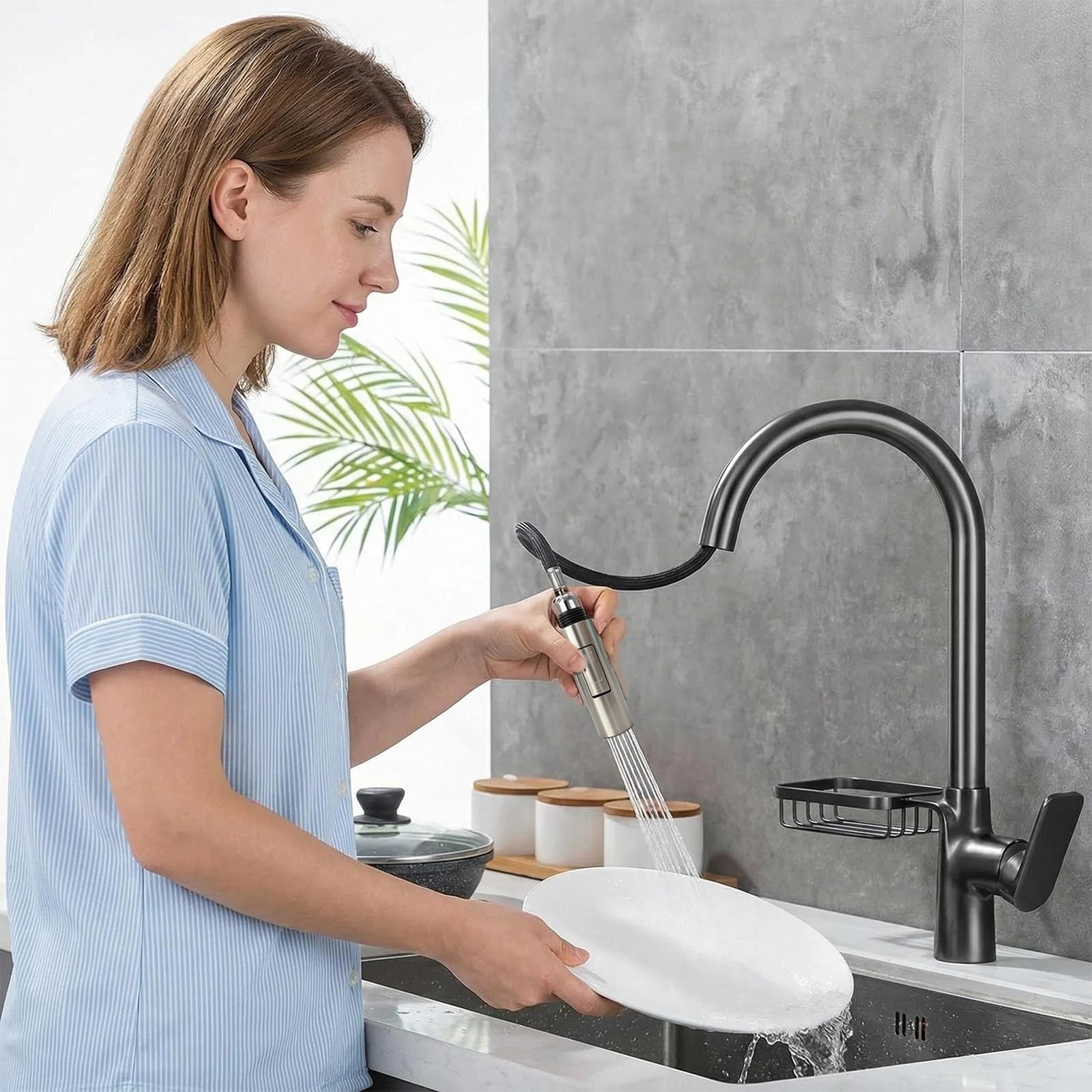 Cabezal de Grifo de Cocina Extraible G1/2, Alcachofa y Aireador con Modo Chorro y Ducha, Función Ahorro de Agua Antissalpicaduras Compatible con Instalación Estándar