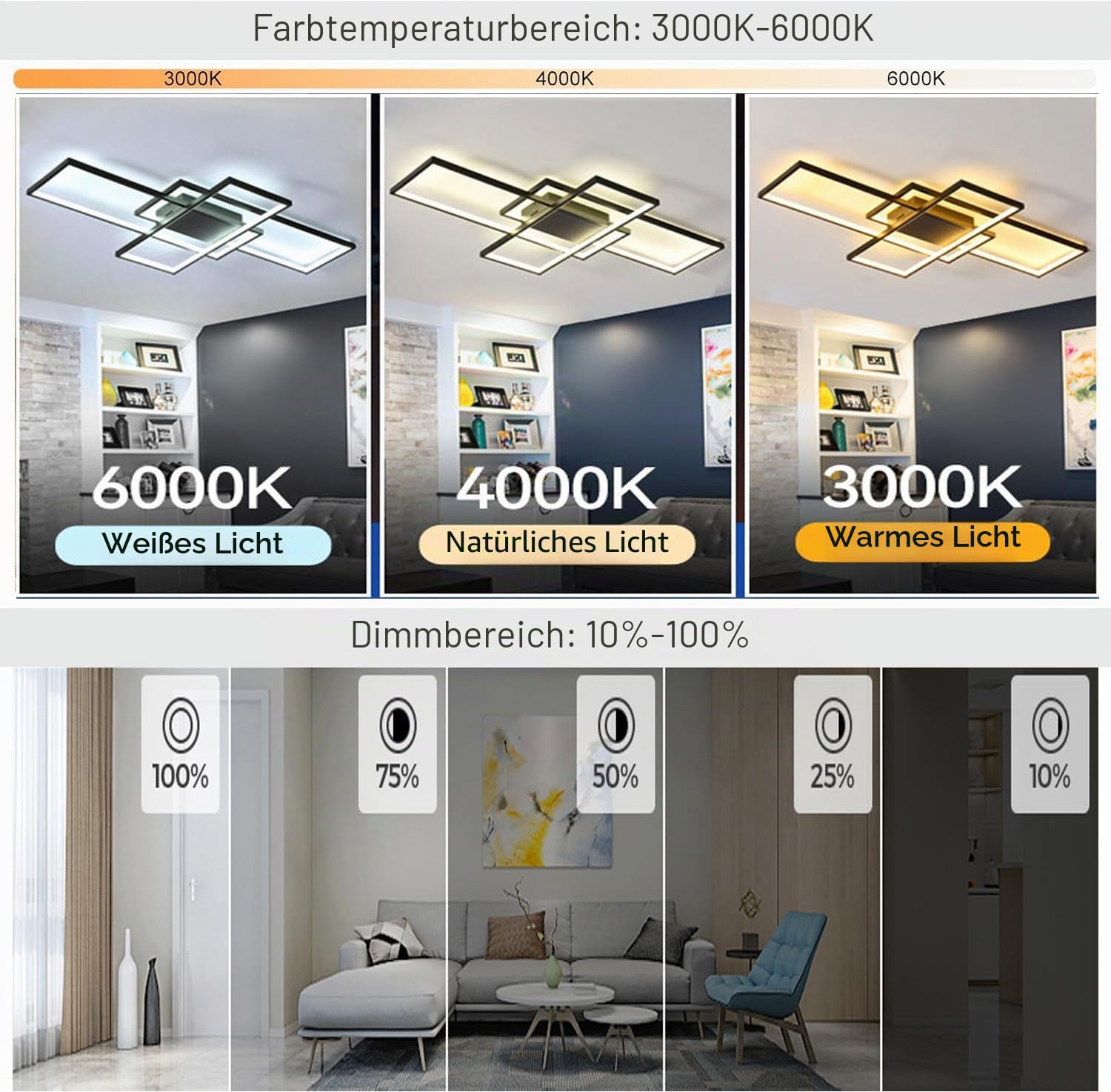 Deckenlampe Wohnzimmer 60W Modern LED Deckenleuchte Eckig, 3000k-6000k Lampen Wohnzimmer Deckenbeleuchtung mit Fernbedienung （80cm，Schwarz）