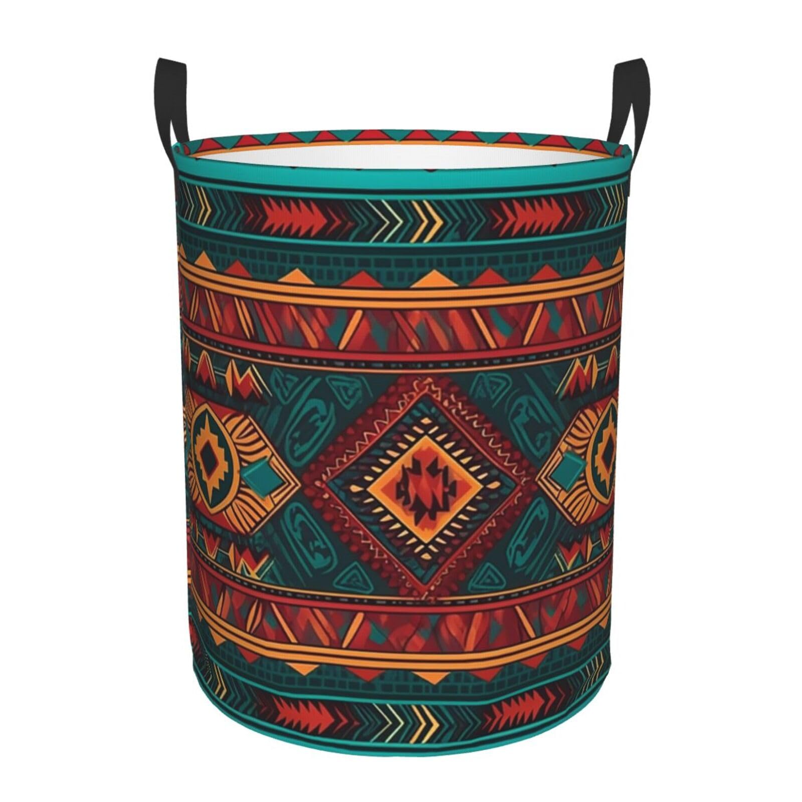 Laundry Basket with Handles Collapsible Tall Laundry Bag Waterproof Laundry Hamper Round Washing Bin Ethnic Geometric Pattern Clothes Bag Large Dirty Clothes Hampers for Family Small