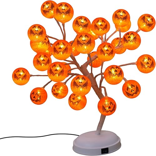 Miniatura 2 de Luz LED de árbol de calabaza para decoración de Halloween y todas las estaciones, luz de árbol artificial con 24 bolas de adorno de calabaza