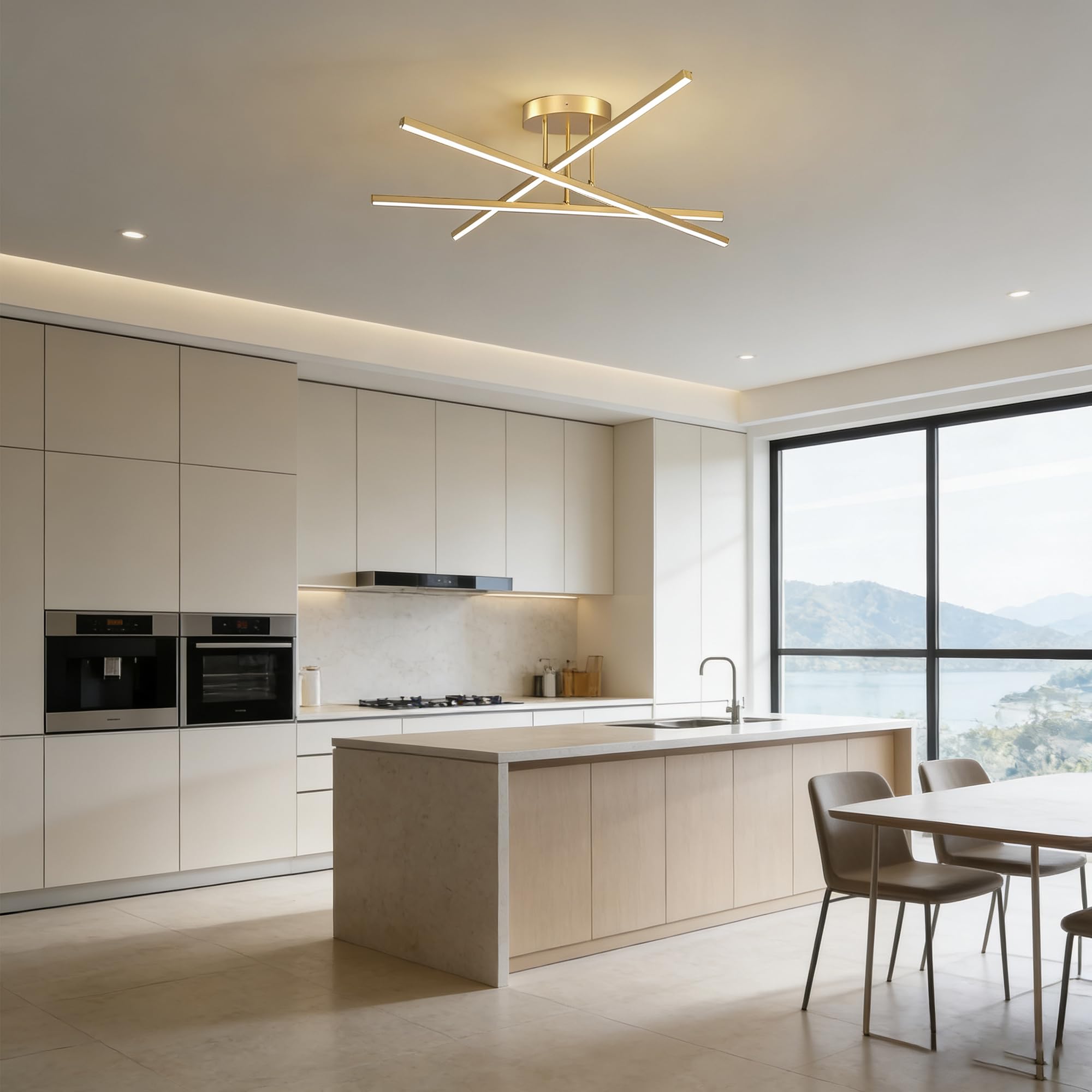 Lámpara de techo LED cruzada 60cm dorada 24W luz blanca cálida 3000K, plafón minimalista 2400lm para salón cocina comedor pasillo oficina
