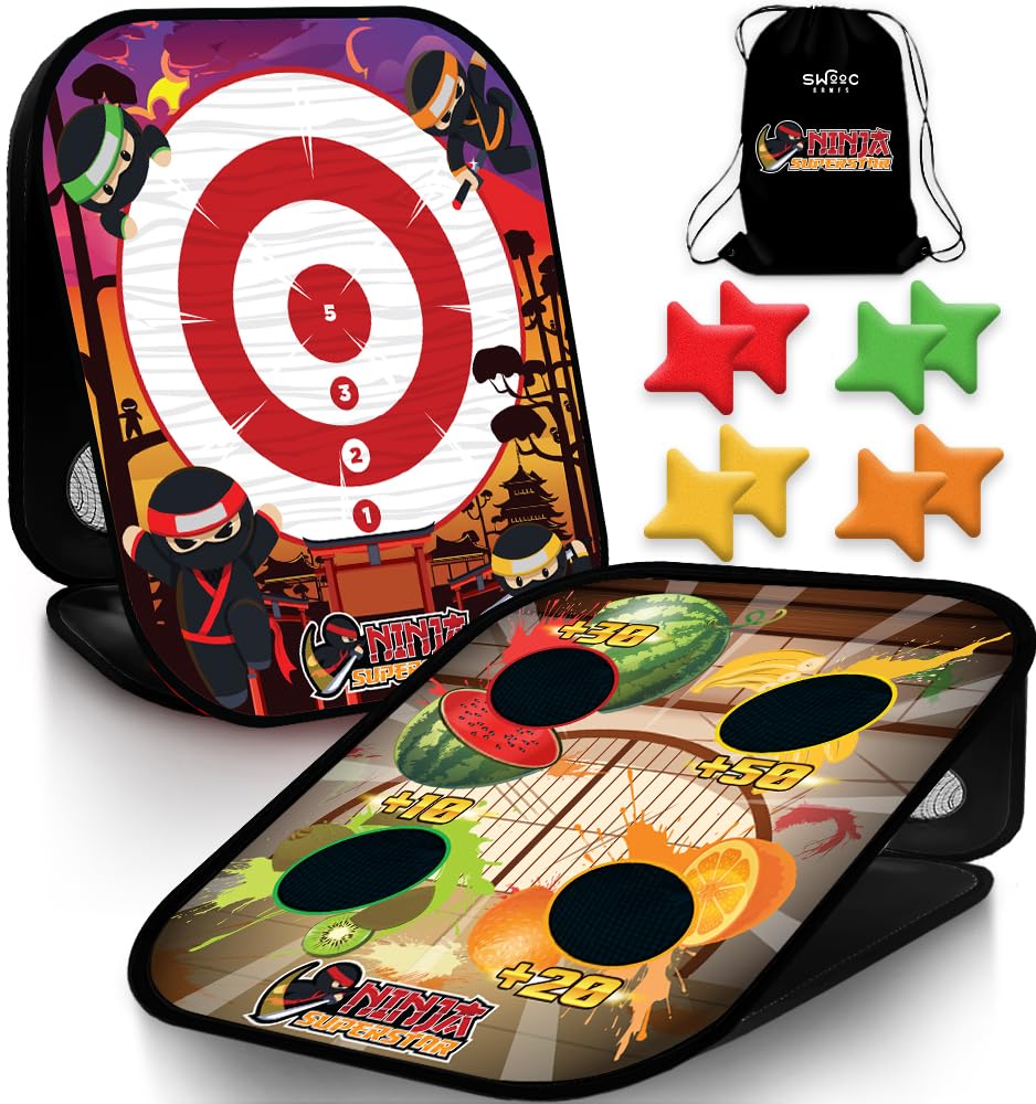 Swooc Games - Ninja Superstar™ | 2-in-1 Corn Hole Games for Kids | 5-Second Setup | Ninja Toys for Boys | Bean Bag Toss Game for Kids | Cornhole Game Set Outdoor | Outdoor Toys | Throwing Star