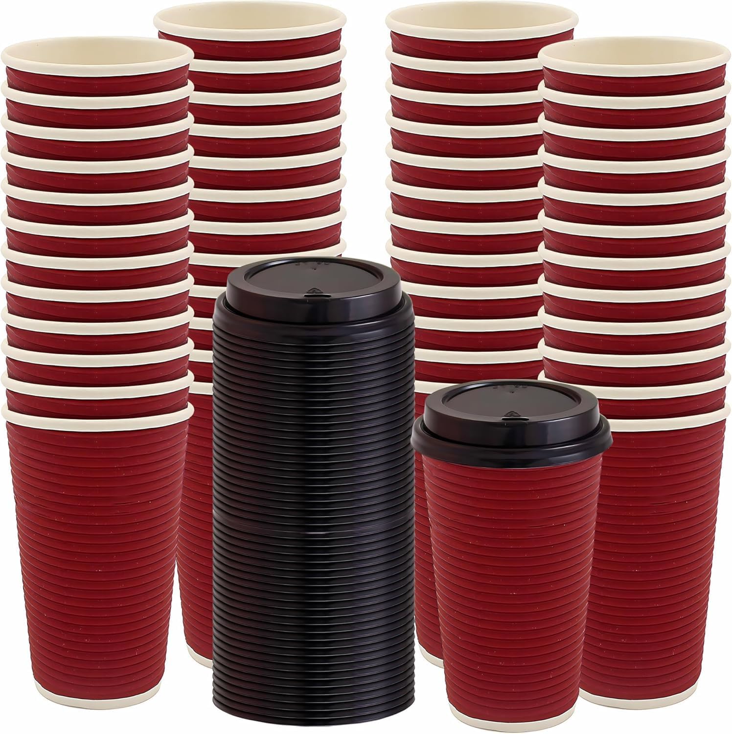 PARTY BARGAINS 50 Disposable Rippled Insulated Hot Cups with lids, 16oz Burgundy Color. No Sleeves Needed to Go Teacup. Heat Protection Coffee Espresso