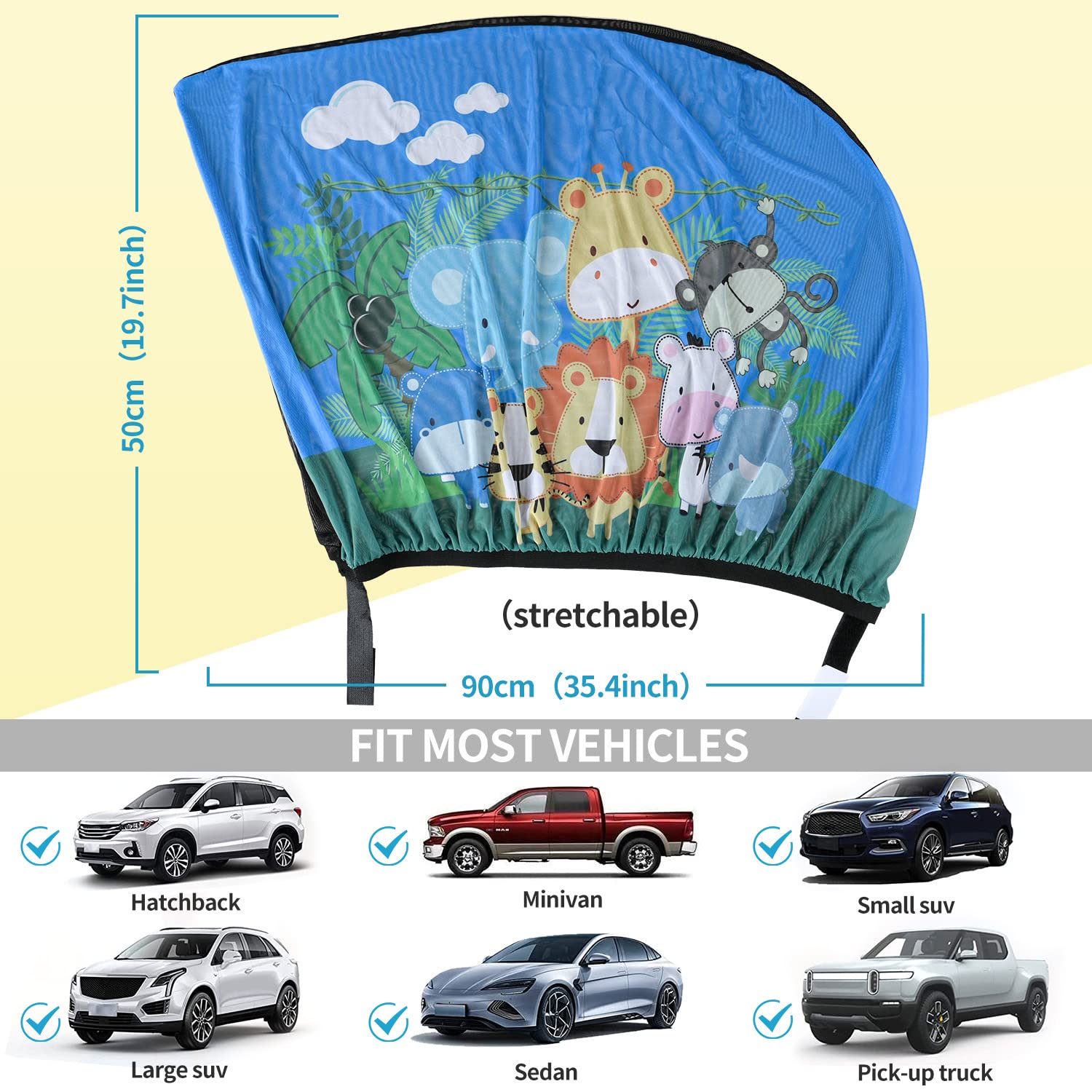 iZoeL Parasole Auto per Bambini, 2 Pezzi Finestrino Laterale, Stampa Animalier, Custodia - Calzini Senza Cuciture Universale Protezione Solare e UV