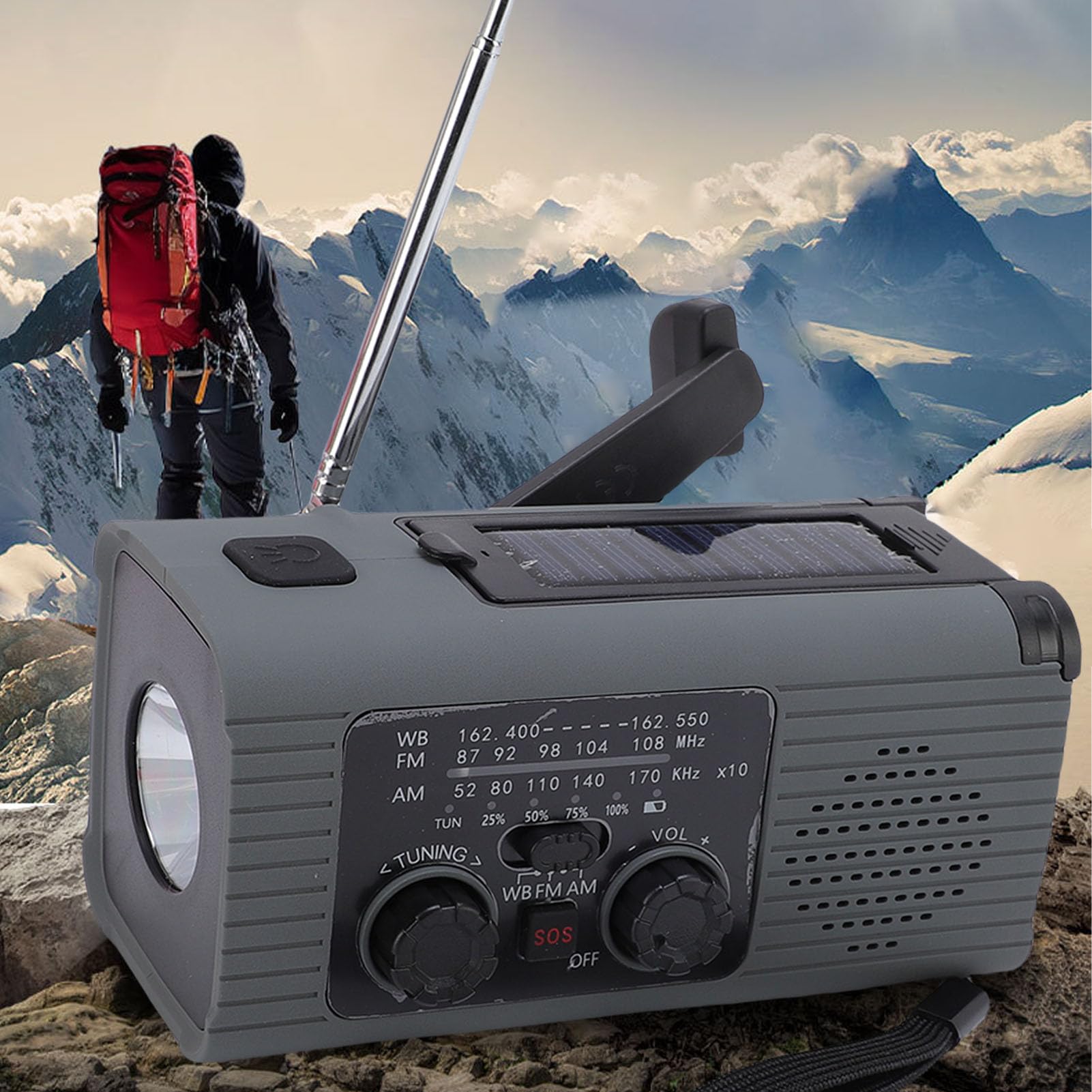 Radio z korbką słoneczną, Awaryjna ładowarka Radia z korbką ręczną z Akumulatorem Litowo-jonowym 2000 MAh, Prognoza Pogody AM/FM NOAA, Zasilanie Słoneczne USB, Chowana Lampa do
