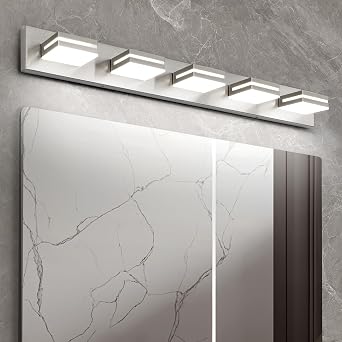 OKELI 5 Light Bathroom Vanity Light Brushed Nickel Modern 36W LED Dimmable Vanity Light Over Mirror 350 Adjustable Lamp Head Cold White 6000K ETL Listed 36.2Inch