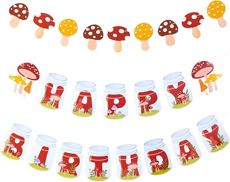 3PCS Happy Birthday Banner - Watercolor Mushroom Birthday Party Decorations