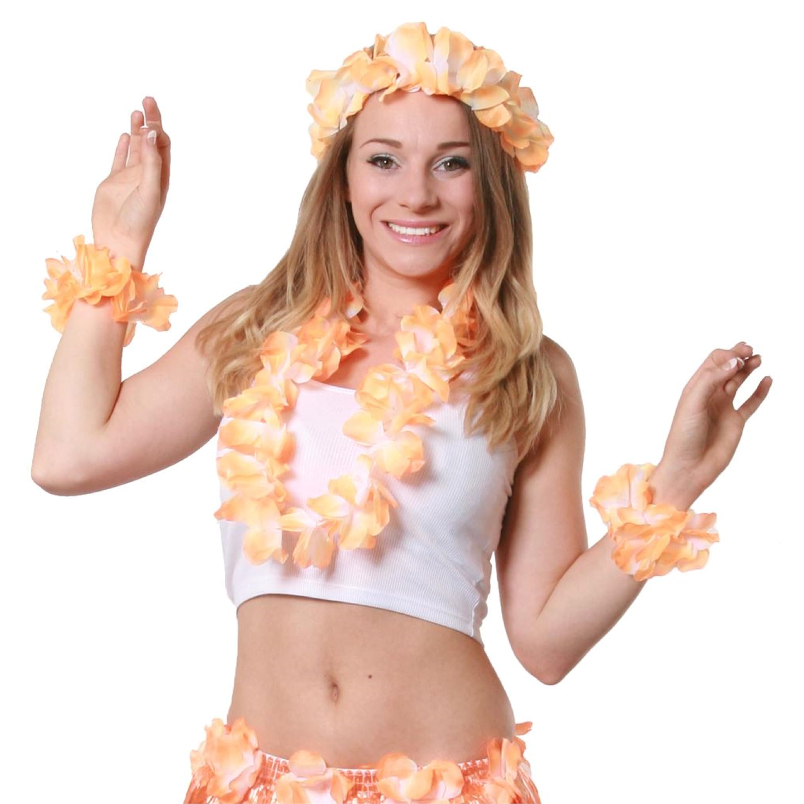 5 Piece Orange Hawaiian Flower Lei Set - 1x Flower Lei Necklace, 1x Floral Headband and 2x Flower Bracelets - Perfect for Summer & Hawaiian Fancy Dress - Pack of 6 — image 1