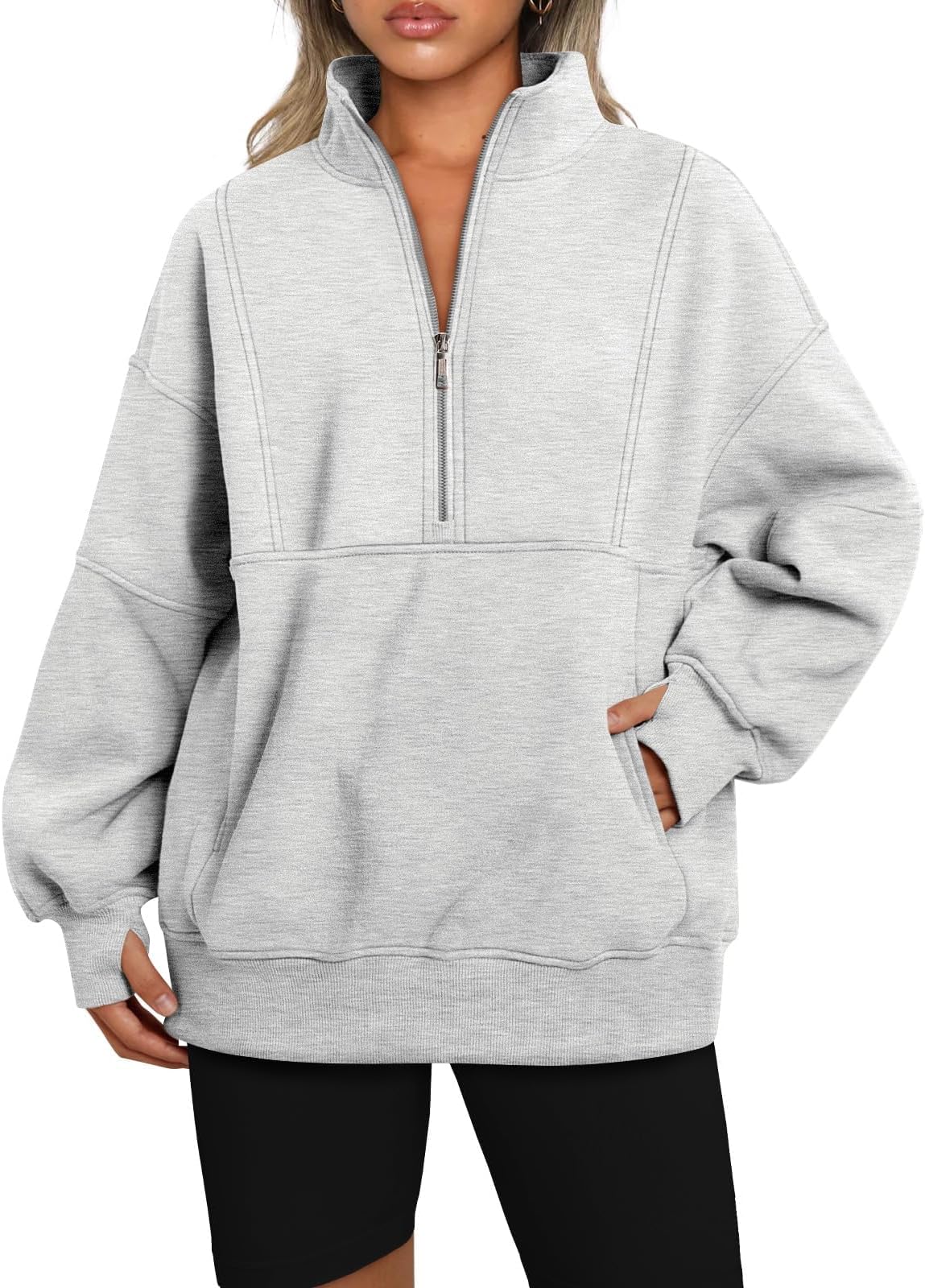 Women Half Zip Long Sleeve Pullover Sweatshirts Solid Relaxed Fit Winter Fleece Hoodies with Pocket S-XL