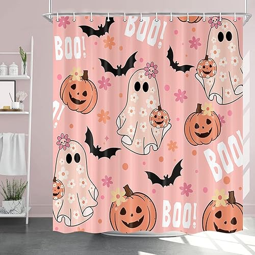 Miniatura 3 de Cortina de ducha rosa de Halloween, bonita cortina de ducha de calabaza fantasma, murciélago negro, para decoración de baño, divertido juego de