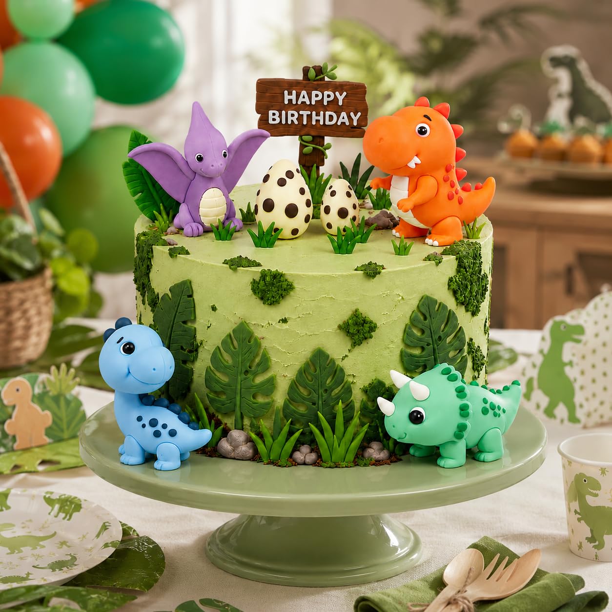 17-częściowa dekoracja tortu 3D z jajkami dinozaurów, liśćmi i tabliczką "Happy Birthday", na urodziny dziecka, imprezę tematyczną i baby shower, dekoracja tortu dla chłopców i dziewczynek