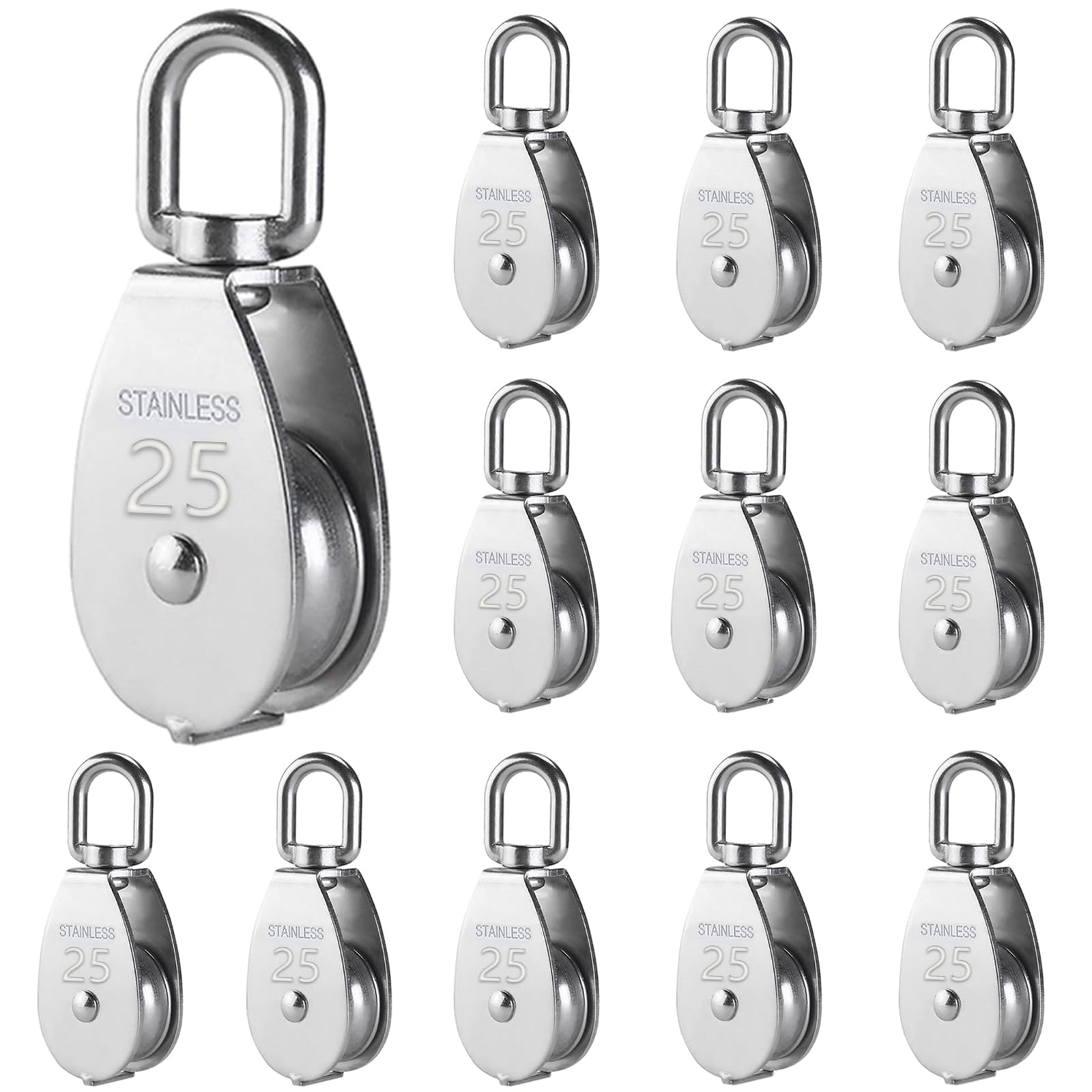 Polea de acero inoxidable 304 resistente, polea de grúa con gancho giratorio para levantar remolque colgante, rueda de polea de cuerda de alambre de grado industrial (M25, 12)