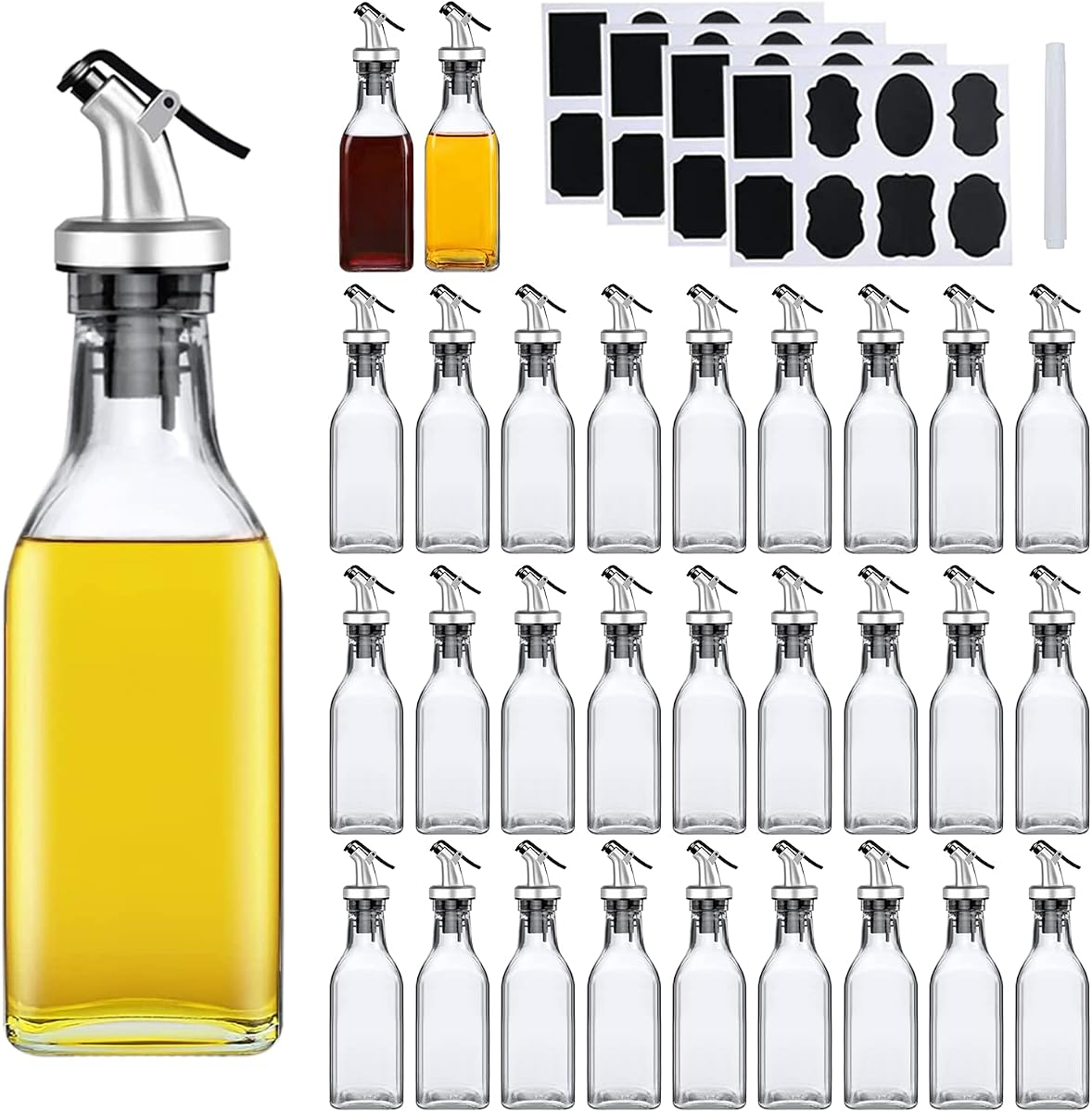 Dispensador de aceite Accguan, botella dispensadora de aceite de oliva a prueba de fugas de 6 oz, 30 piezas | Juego de dispensador de aceite y vinagre de vidrio con pegatina y bolígrafo, para almacenar aceite de oliva, vinagre y otros líquidos para la cocina