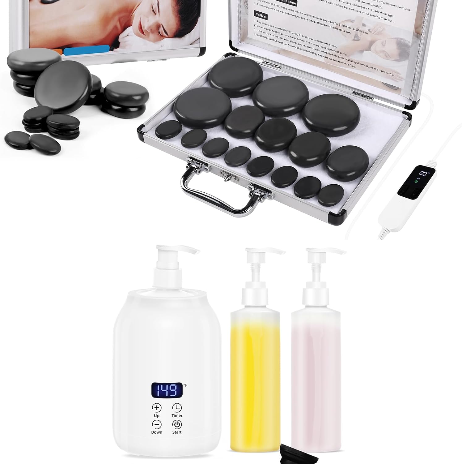 Meifuly Massage Oil Warmer and 16Pcs Hot Stones Massage Set with Temperature Adjustment