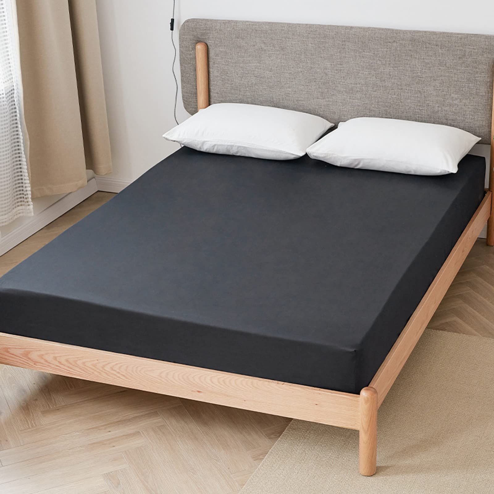 Sábana bajera ajustable de algodón egipcio de lujo para cama individual de 140 x 200 cm, ropa de cama doble negra con bolsillo de 30 cm de profundidad y elástico en 4 direcciones