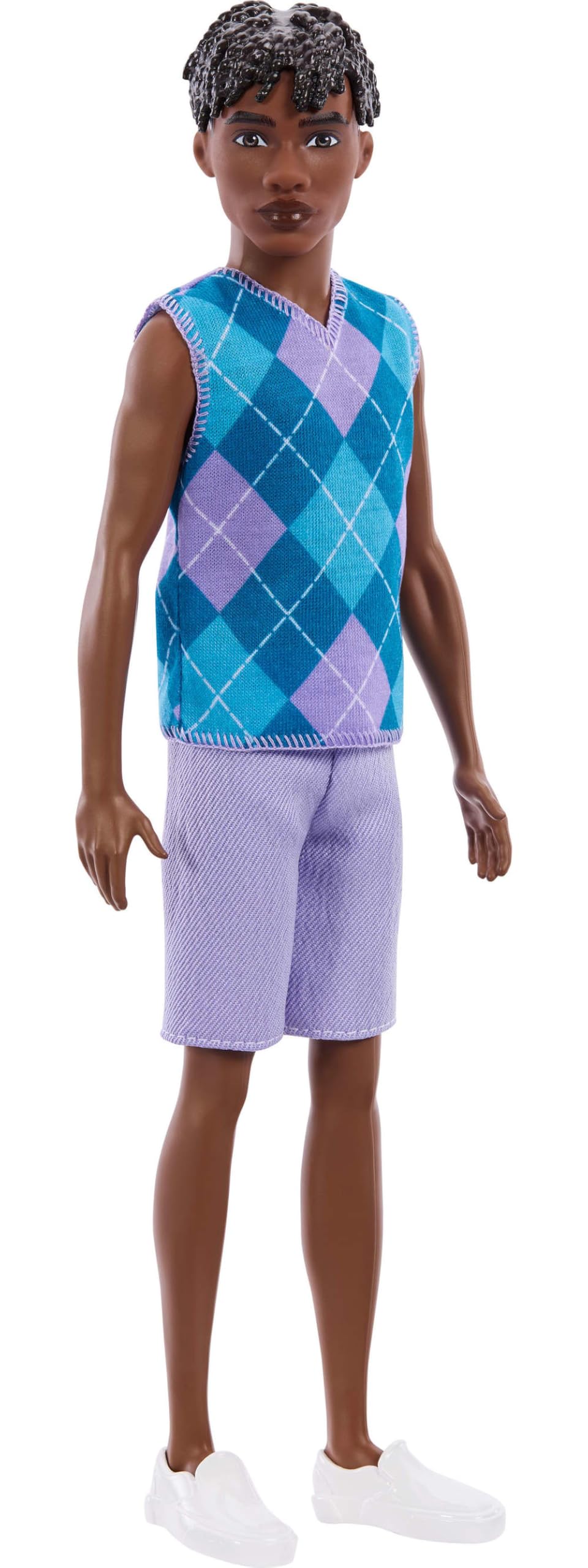 Barbie Fashionistas Style Ken Doll #253 with Brown Hair, Wearing Lavendar Shorts with Turquoise and Lavender Argyle Shirt, White Shoes, JJN67