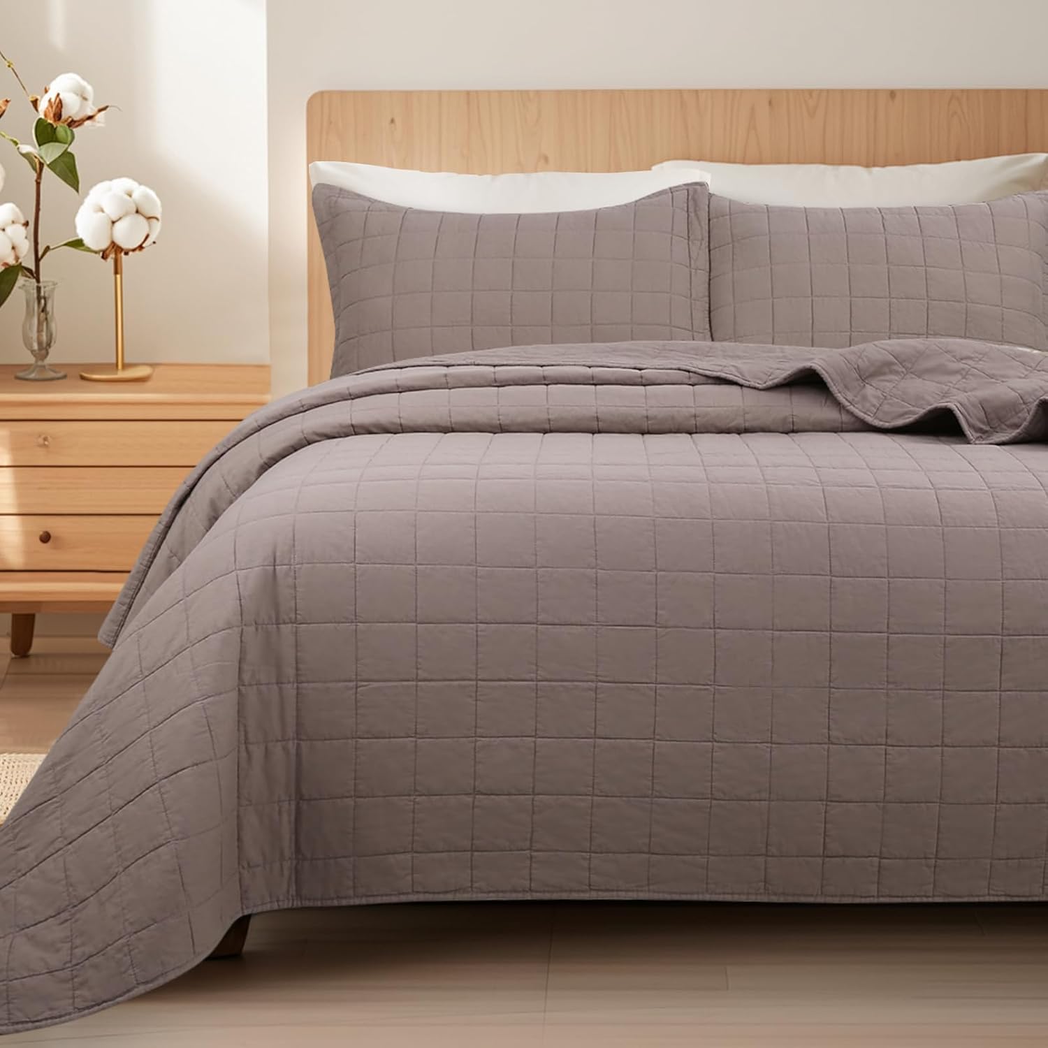 Quilt King Size Bedding Sets - 100% Cotton Lightweight Luxury Comforter Set, Oversized Stitching Quilted Bedspread Coverlet Sets with 2 Pillowcase Suitable for All Season, Brown - Image 2