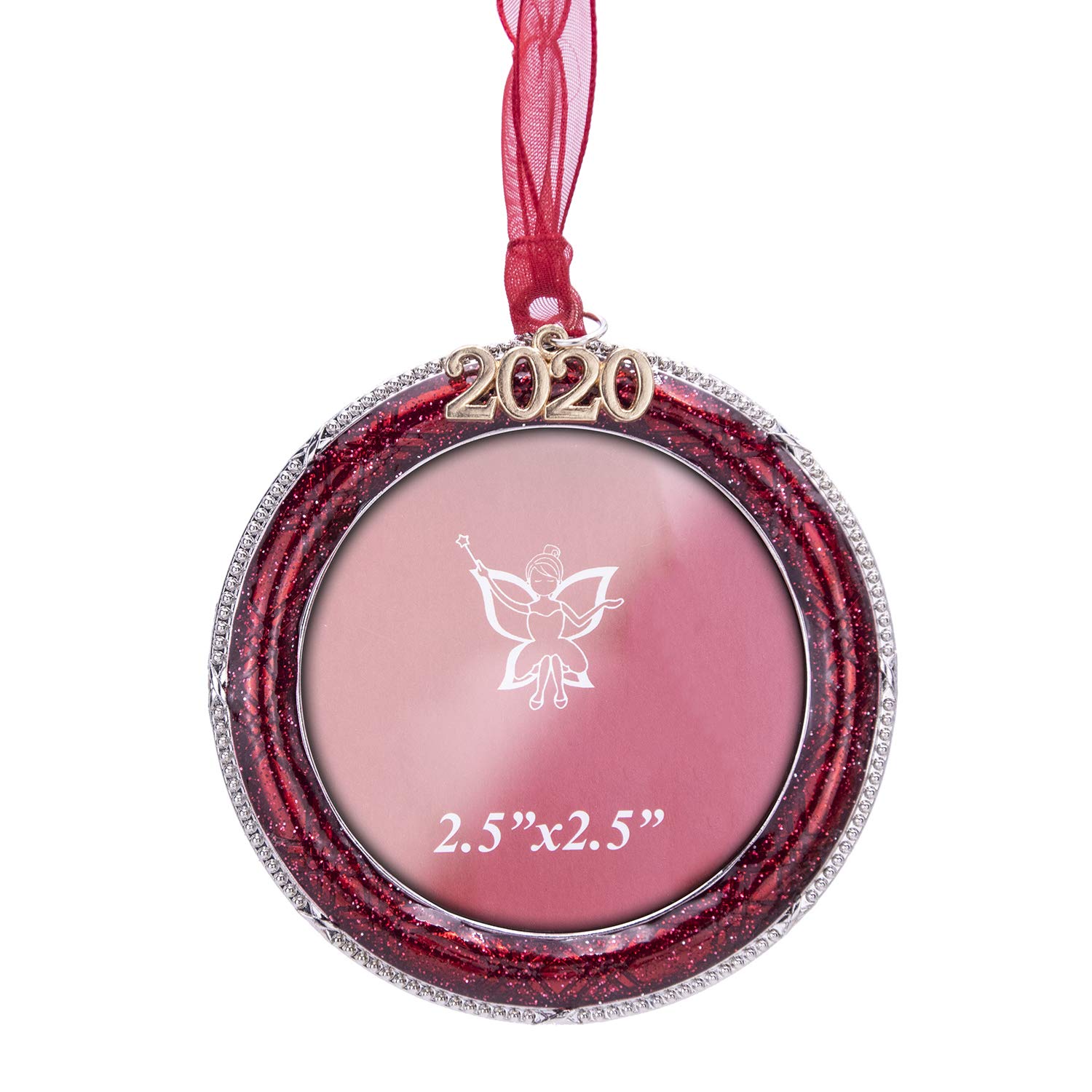 LARAINE Christmas Tree Ornaments – Decorative Hanging 2020 Holiday Keepsake Gift Snowflake Pendant with 2” Photo Frame Insert for Picture of Pet (Round Red (2020))