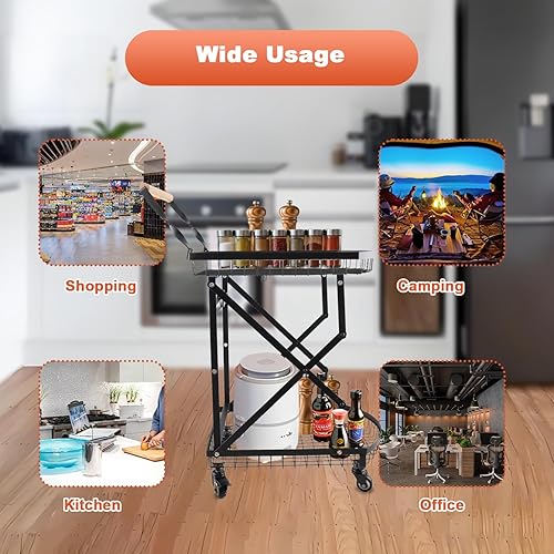 Miniatura 5 de Carrito utilitario plegable de 2 niveles con ruedas, carrito de compras plegable de 110 libras con ruedas, carrito plegable multifunción resistente