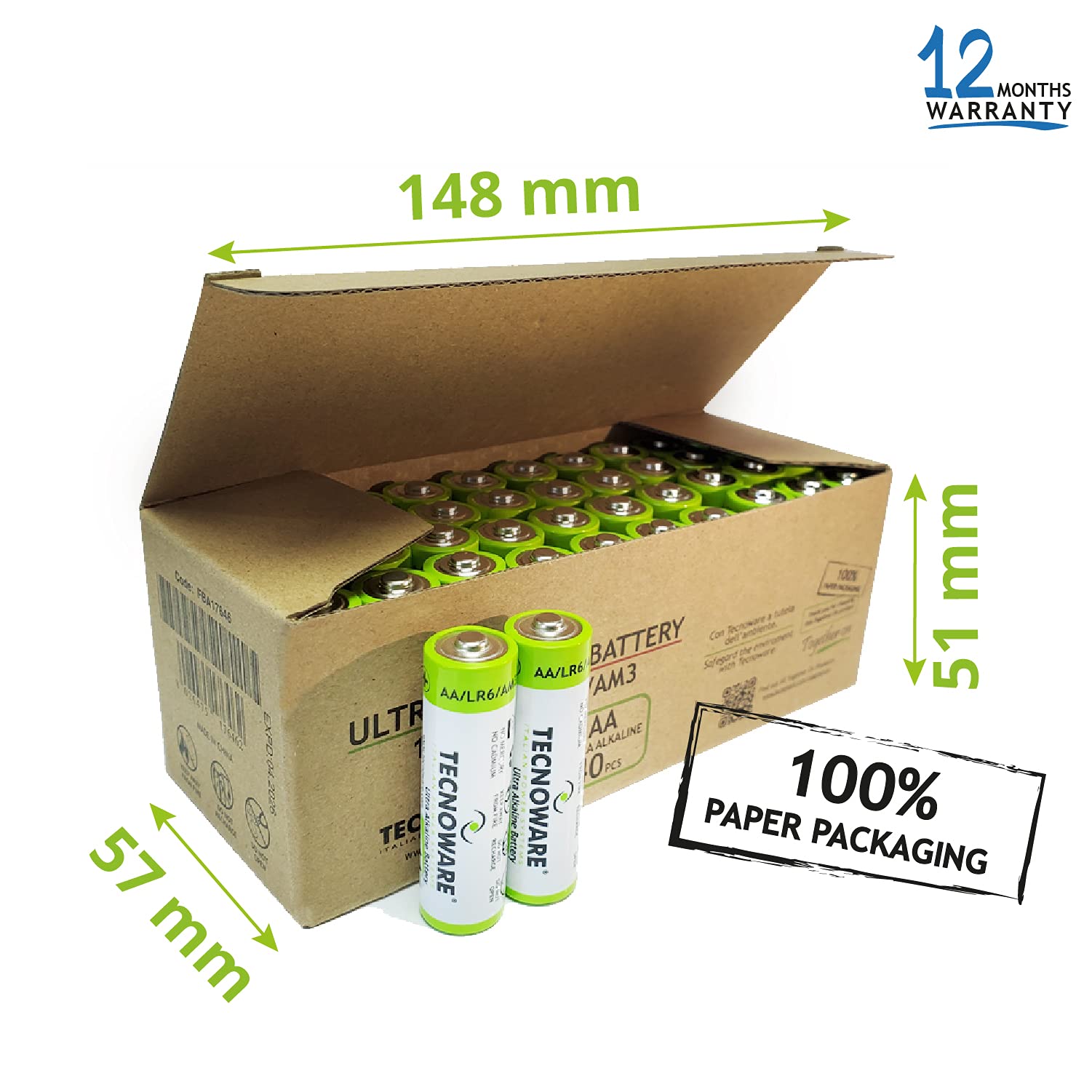 Tecnoware Power Systems Ultraalkaliczne Baterie AA – 1.5 Volt - Opakowanie 40 sztuk, Idealny do zabawek, kontrolerów, pilotów, latarek, zegarków, konsol i innych urządzeń zasilanych bateryjnie