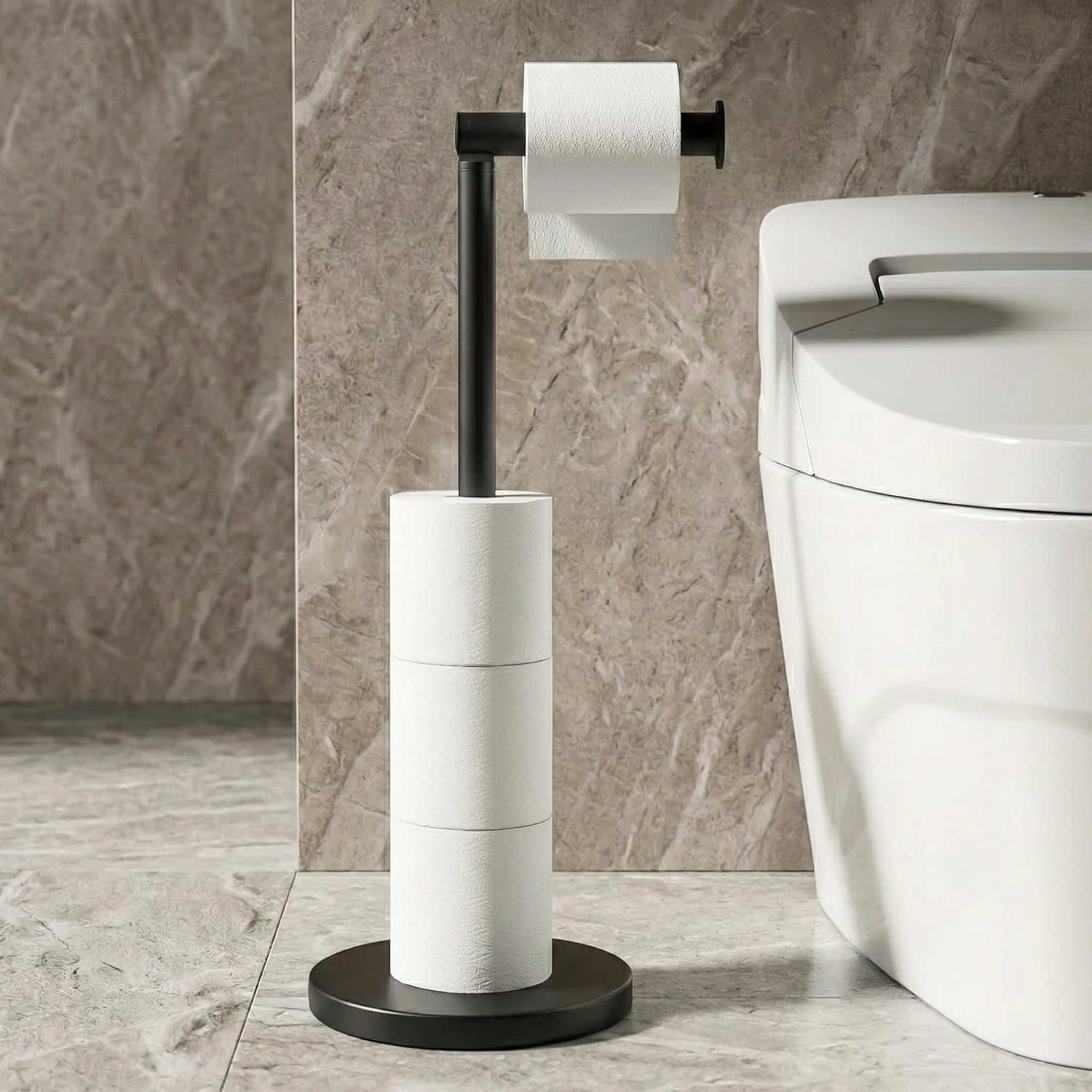 Cesun Toilet Paper Holder Stand Free Standing, Black Toilet Paper Storage with Heavy Weighted Base, Bathroom Stainless Steel Toilet Paper Roll Holder, Non-Slip, Matte Black