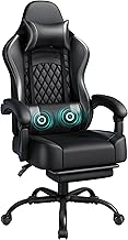 Yaheetech Gaming Chair, Ergonomic Racing Gaming Chair with Massage Lumbar Pillow, High-Back Office Chair with Slide-Out Footrest and Padded Linkage Armrests for Adults Full Black